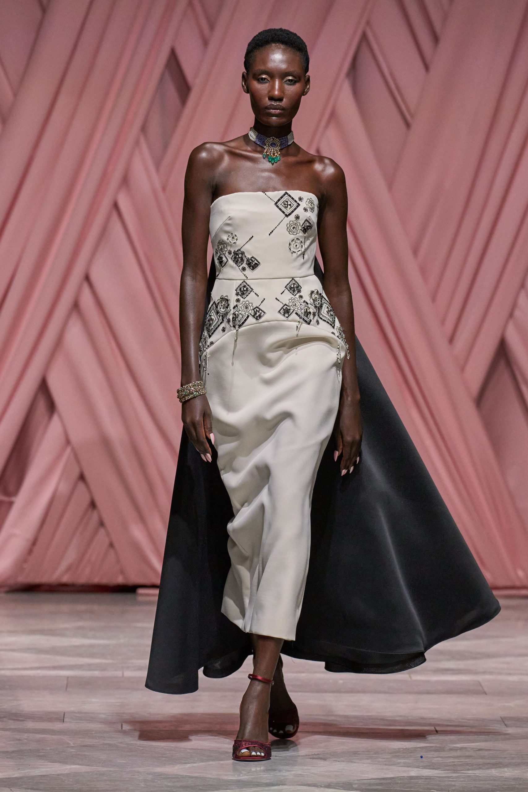 black and white strapless gown