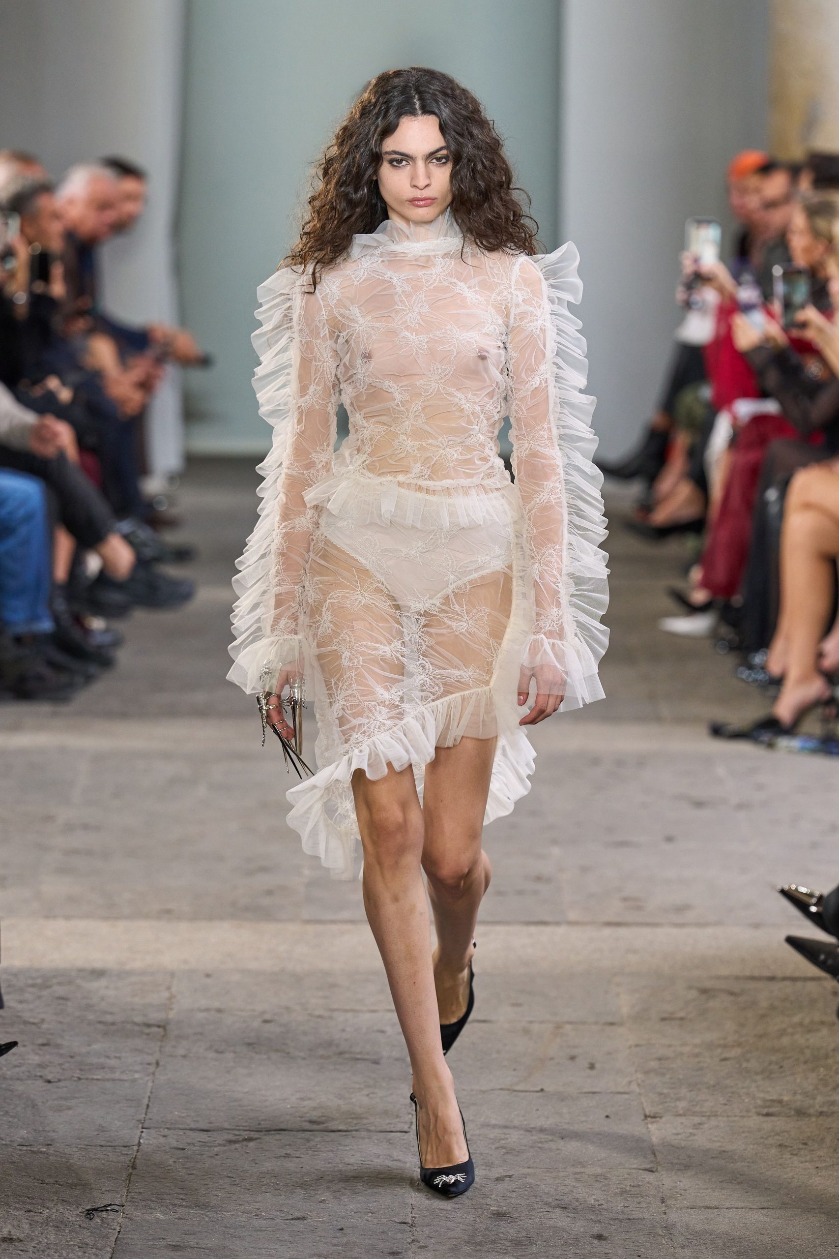white lace long-sleeve high-neck fitted ruffled dress