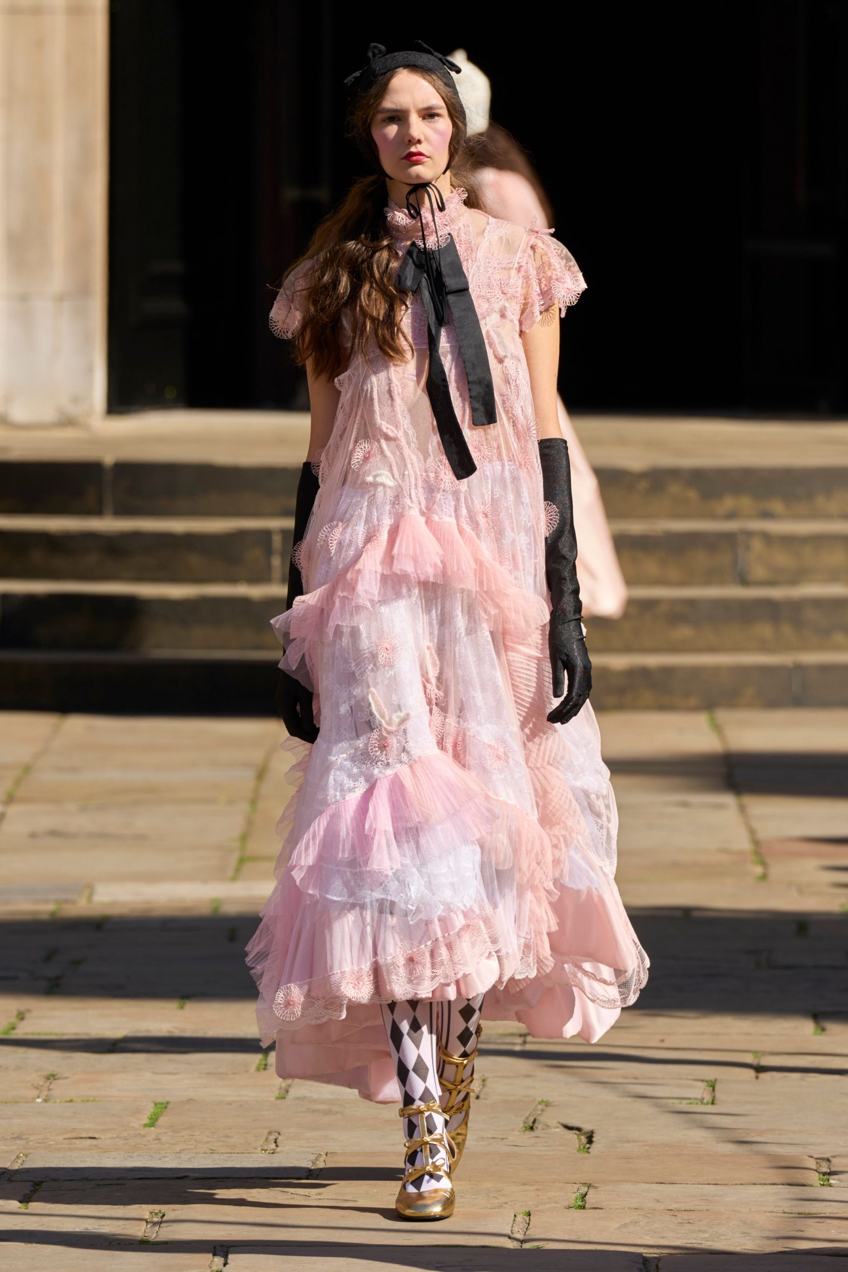 pink lace sleeveless v-neck relaxed ruffled layered gown