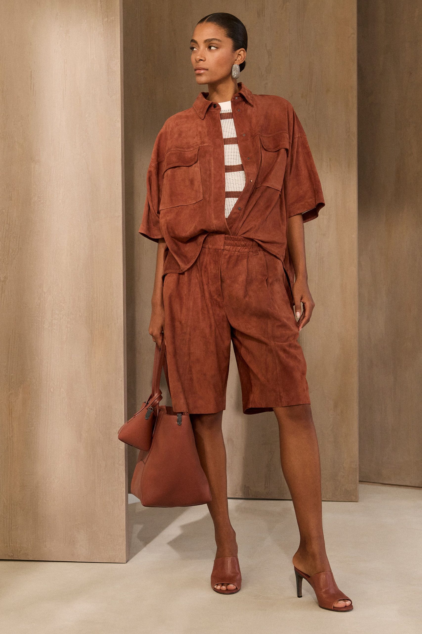 brown suede short-sleeve collared relaxed pockets shirt