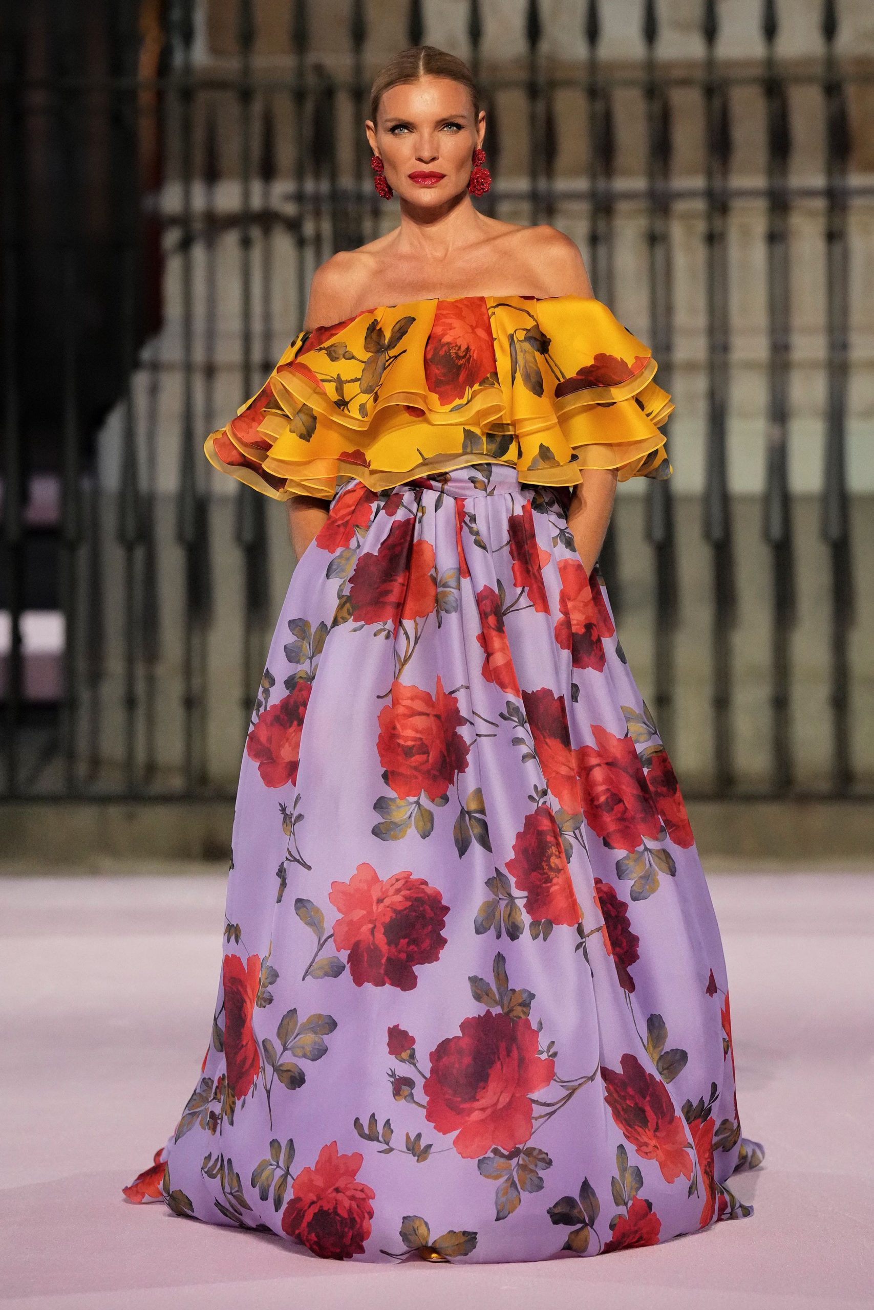 off-shoulder floral gown