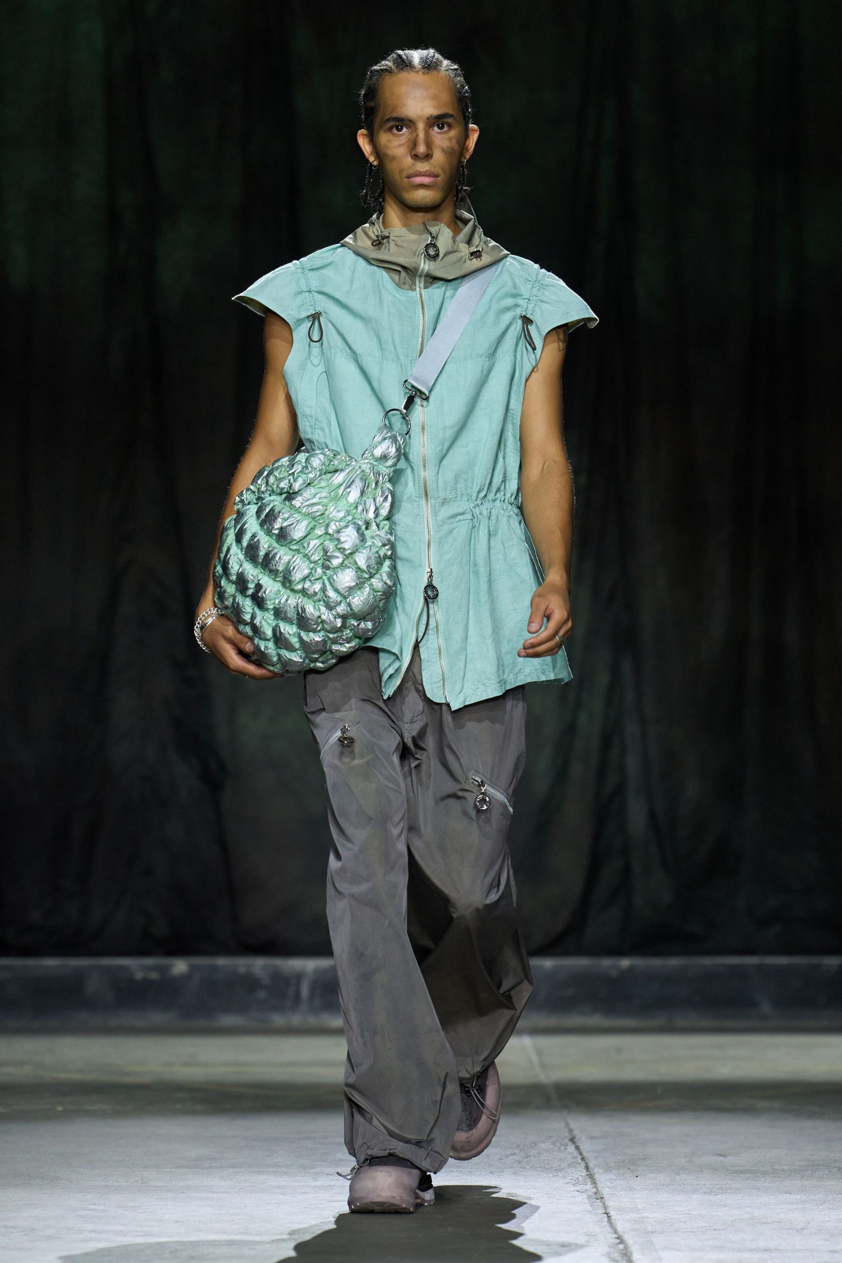 teal cotton sleeveless collared relaxed zippered top
