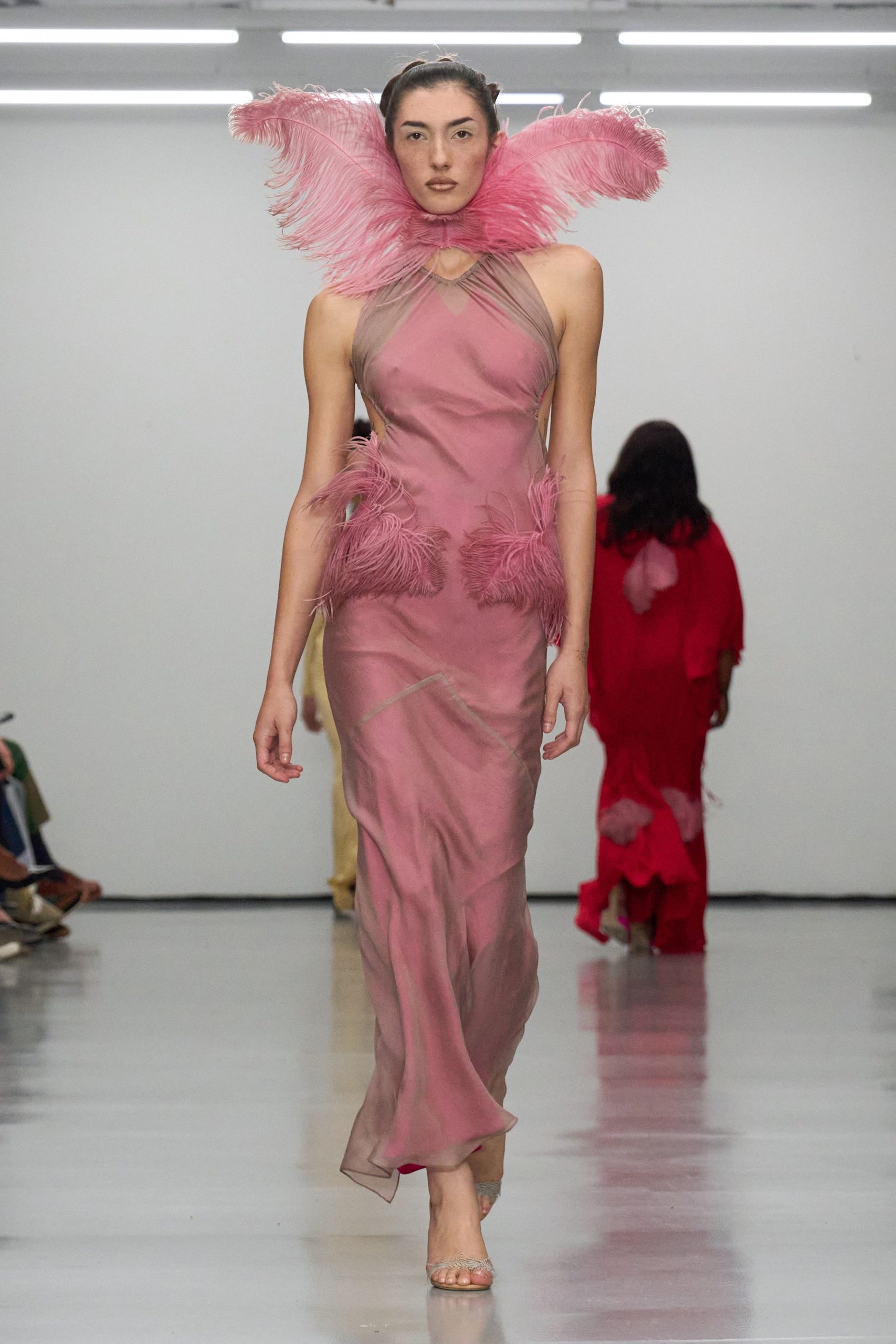pink silk sleeveless halter fitted ruffled draped gown