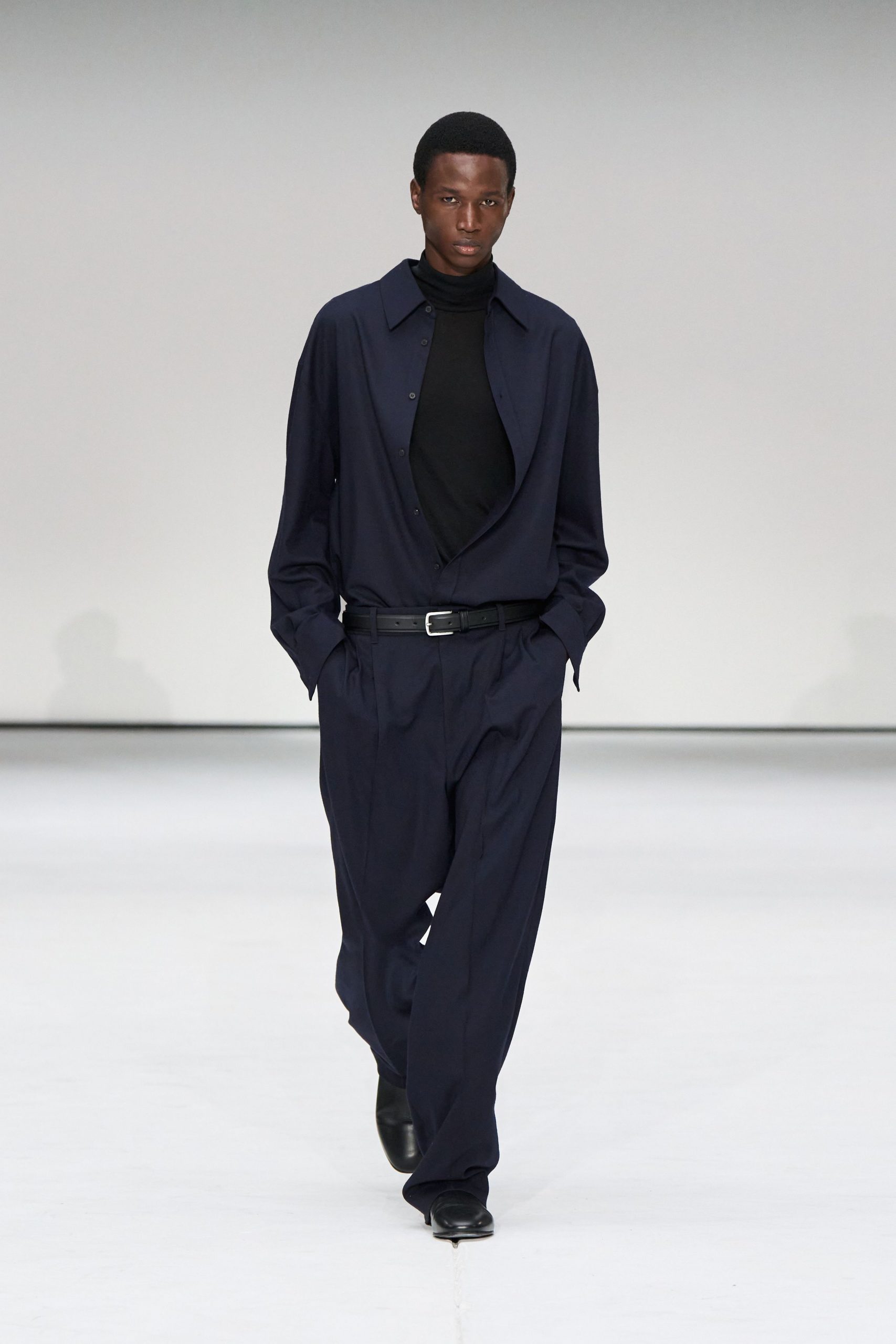 blue relaxed shirt with black turtleneck
