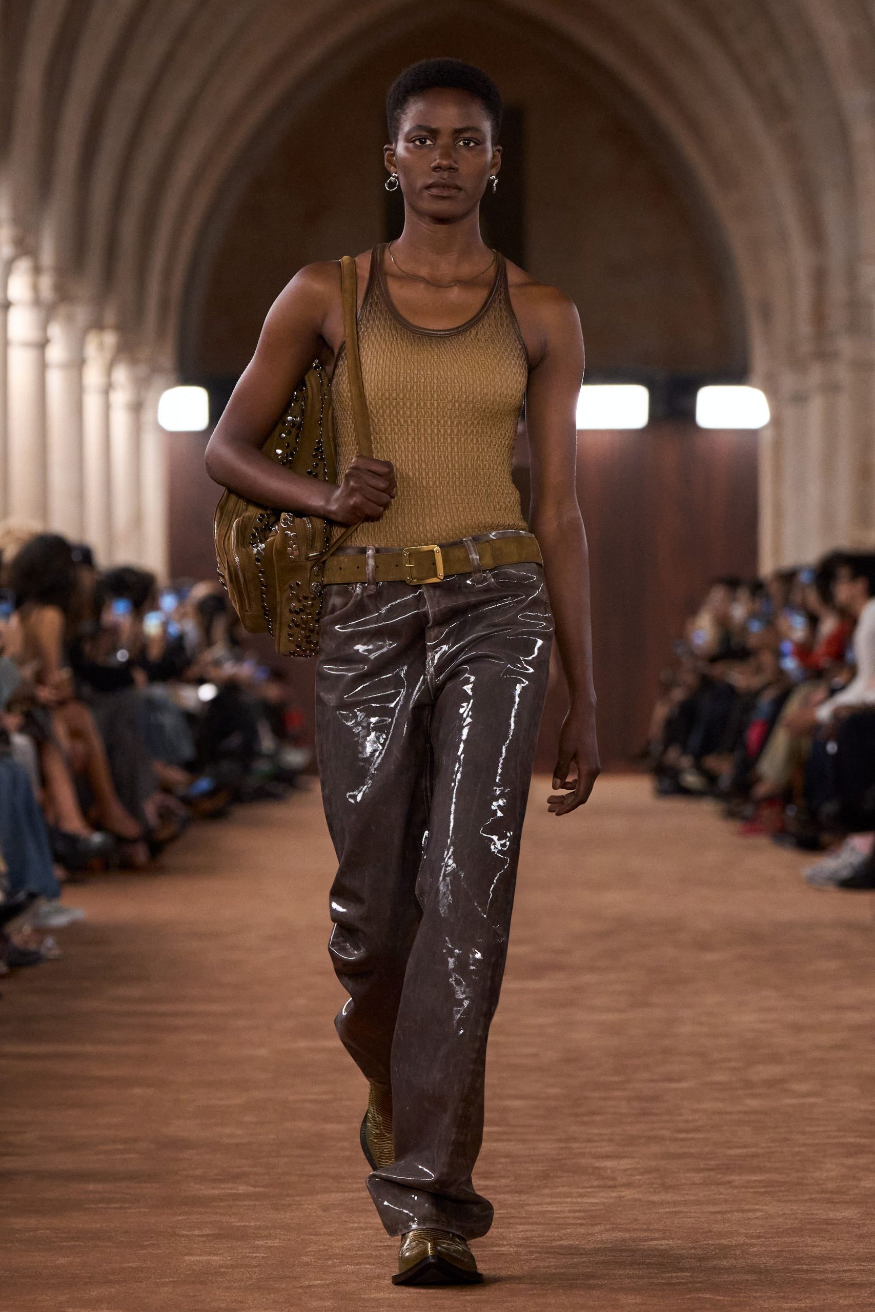 brown vinyl slim zippered shiny pants