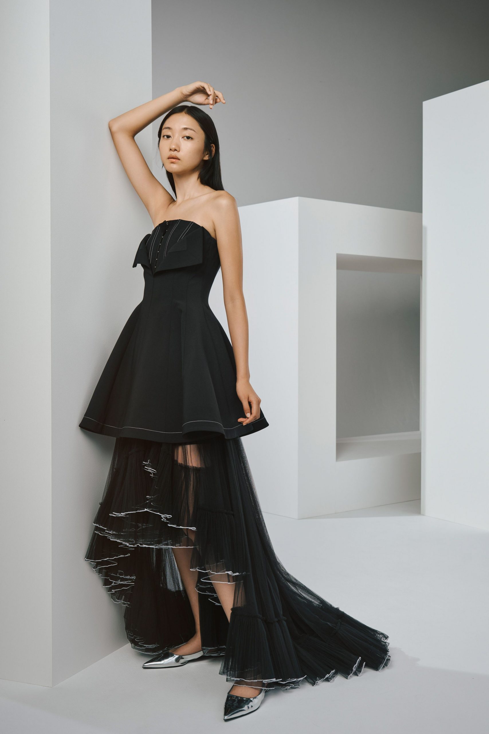black cotton strapless asymmetric fitted pleated layered dress