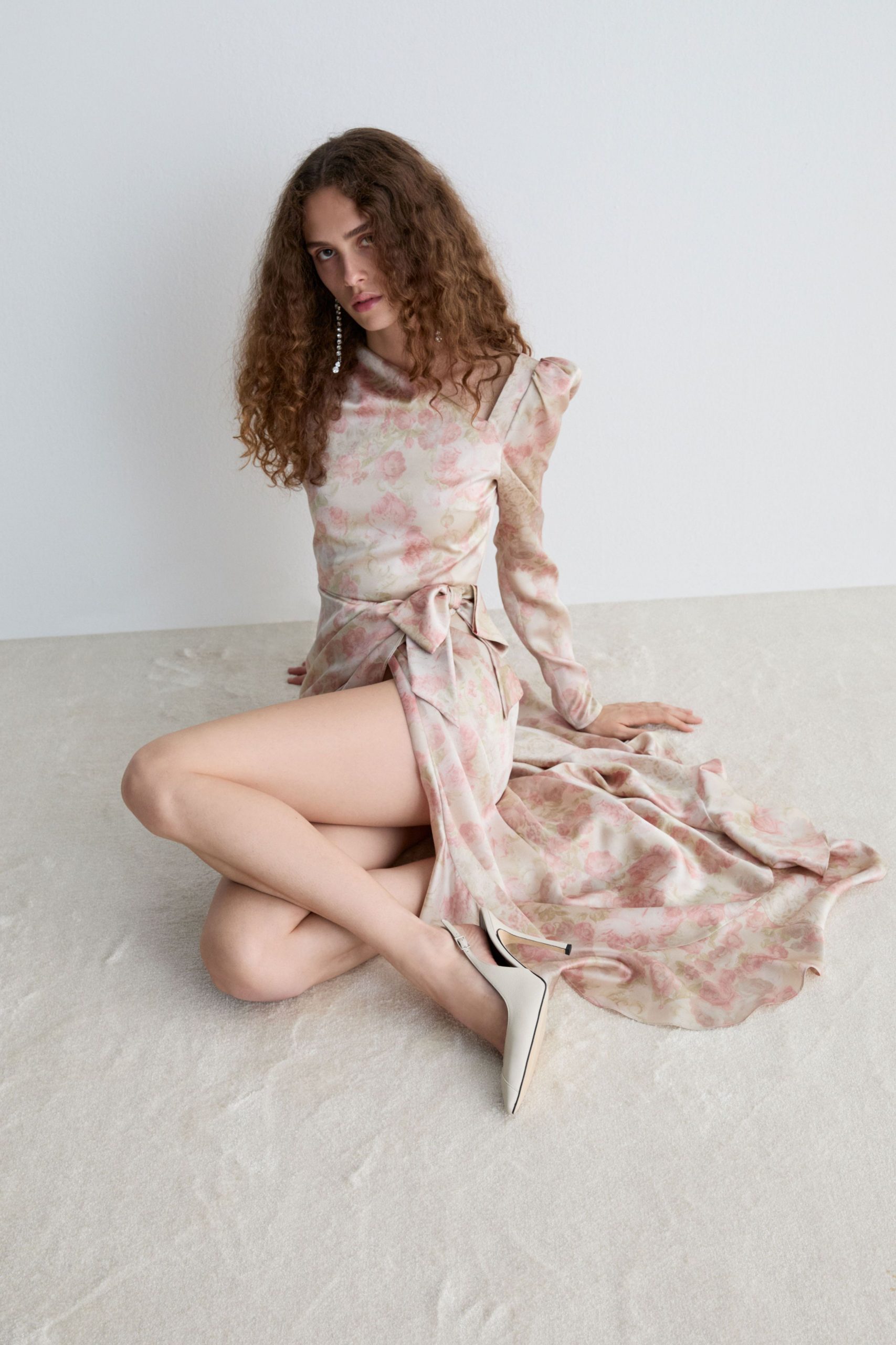 pink silk long-sleeve high-neck fitted flared tiered dress