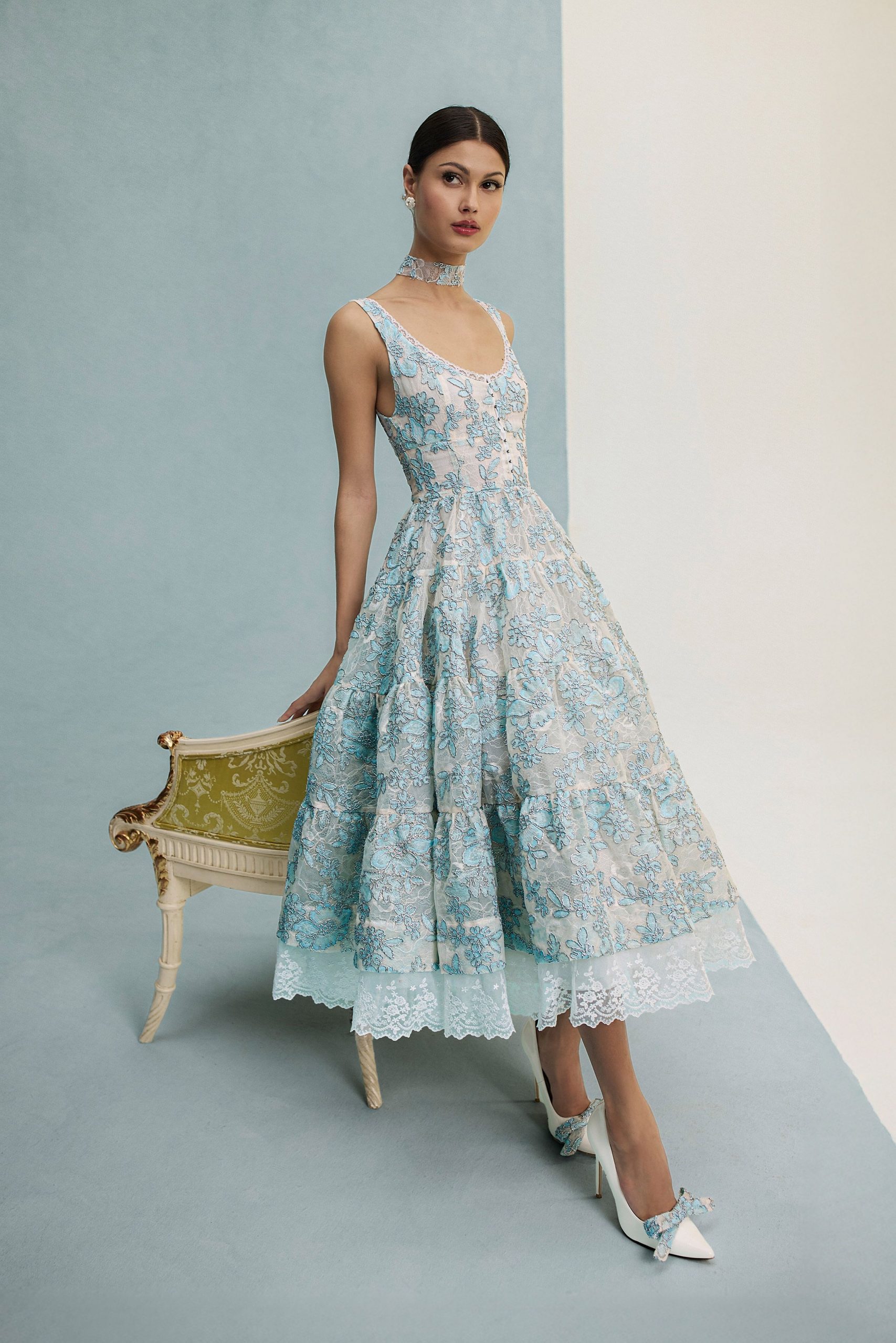 blue floral midi dress with white shoes