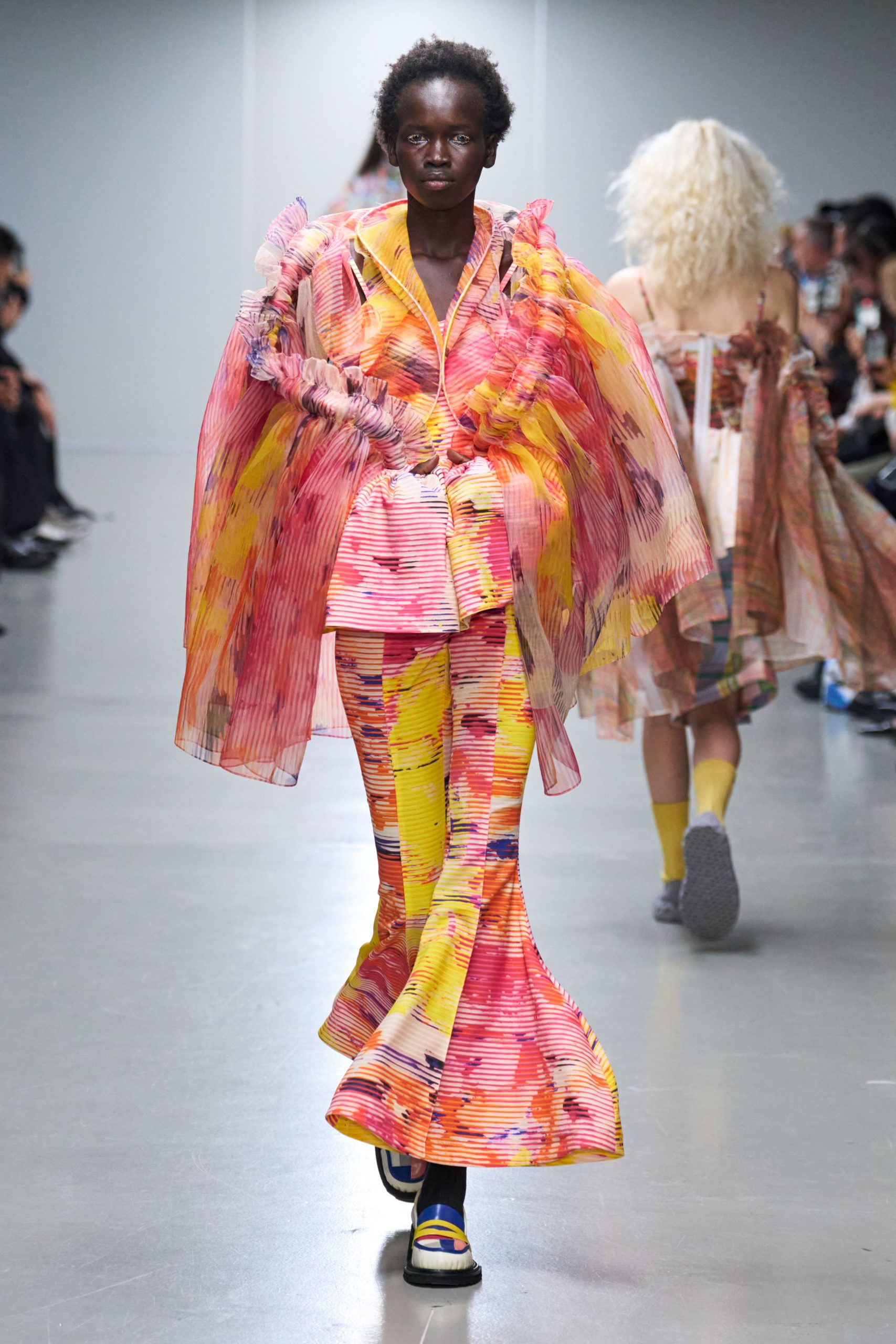 colorful chiffon top and flared pants