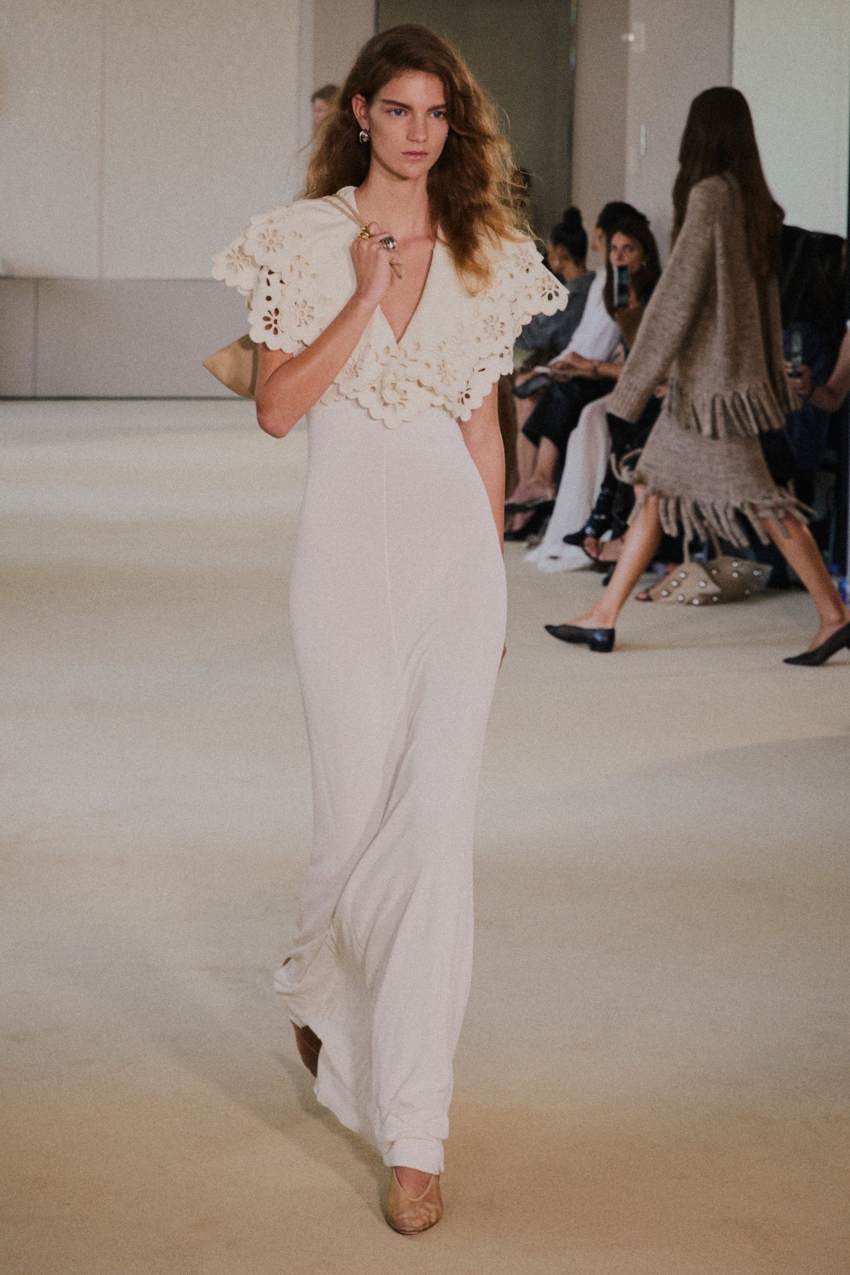 white cotton sleeveless v-neck fitted layered maxi gown