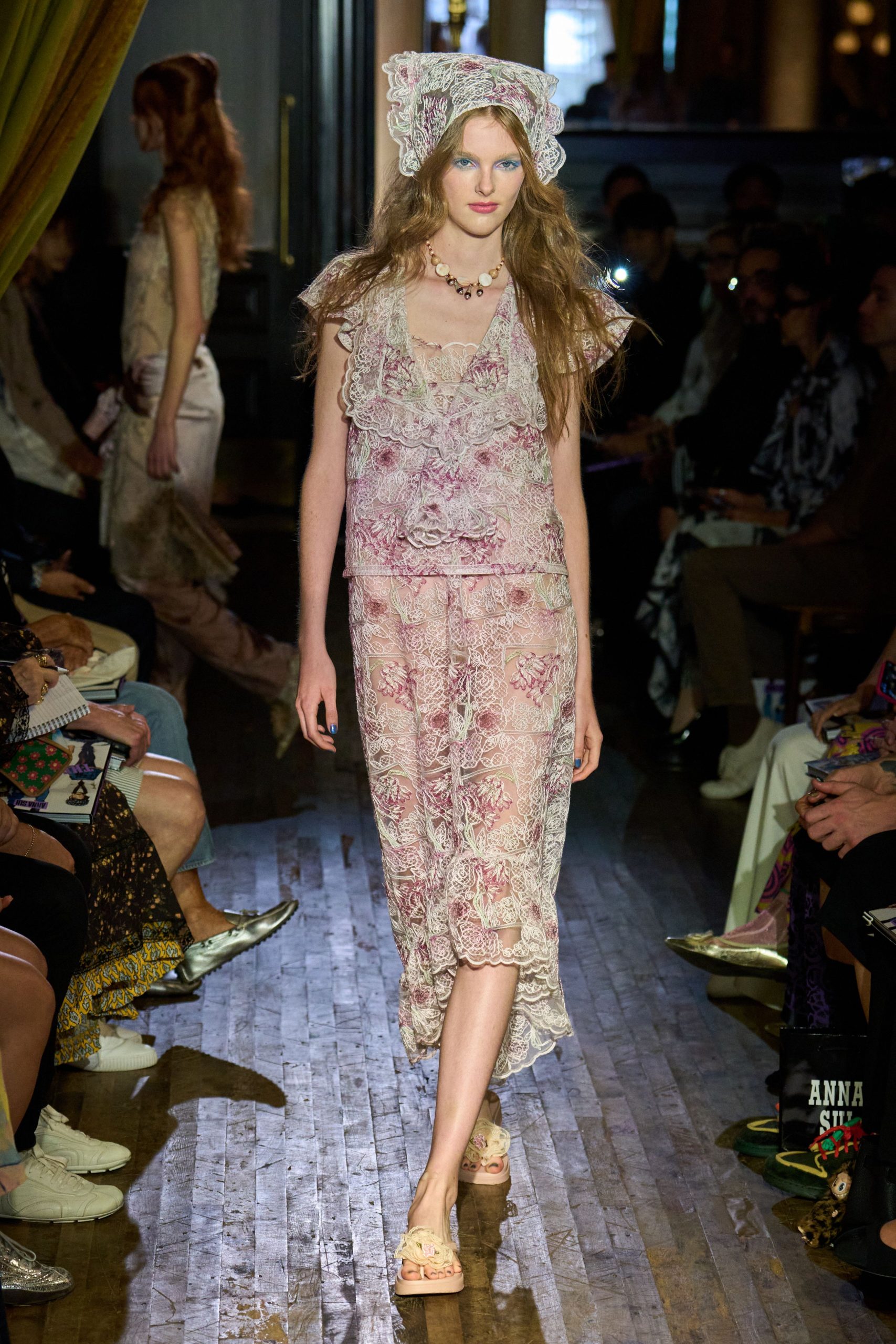 pink floral midi dress with lace hat