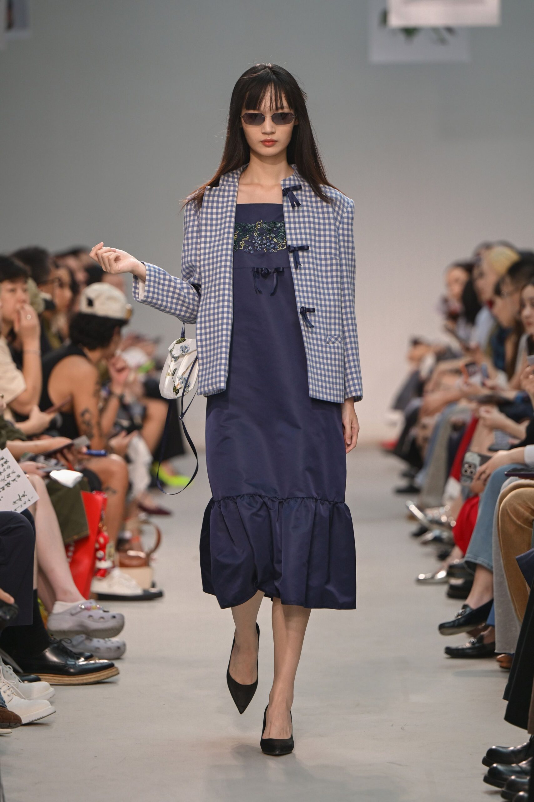blue checked jacket and navy dress