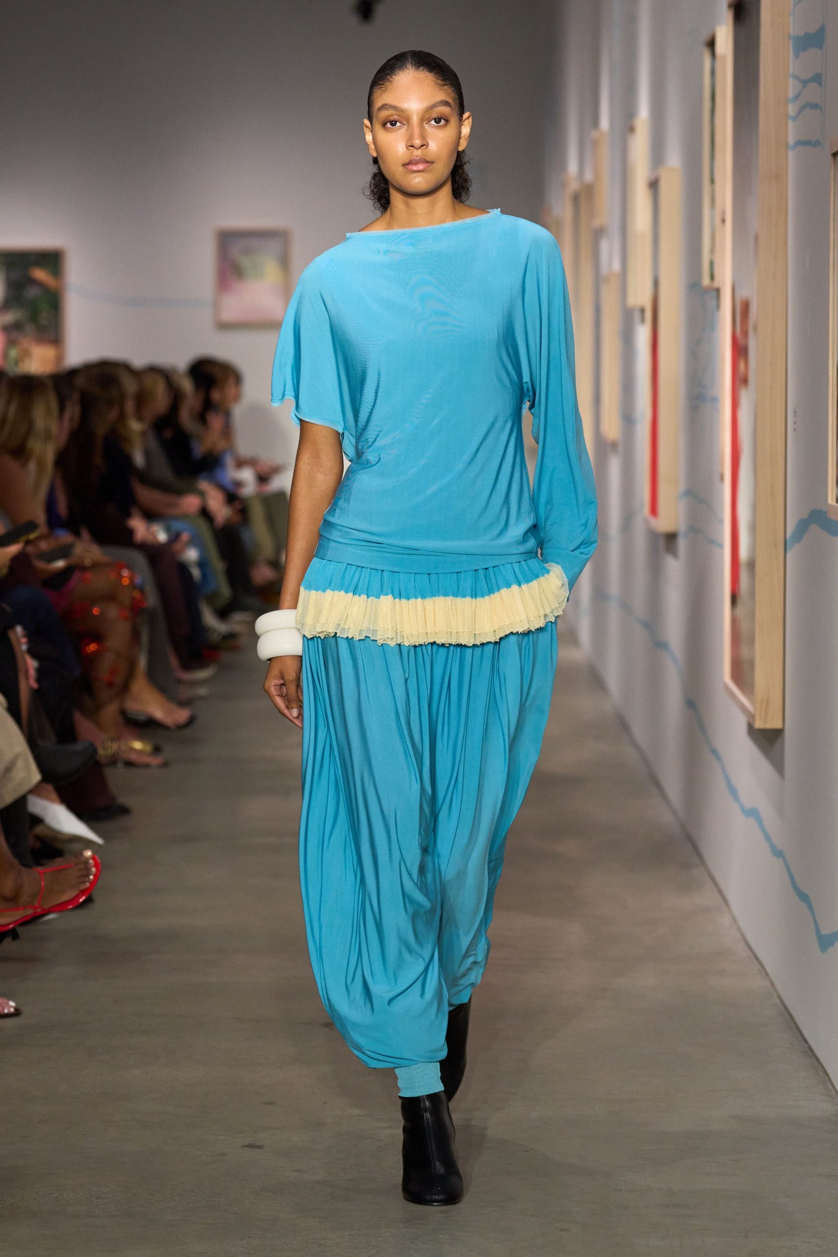 blue layered midi dress with boots