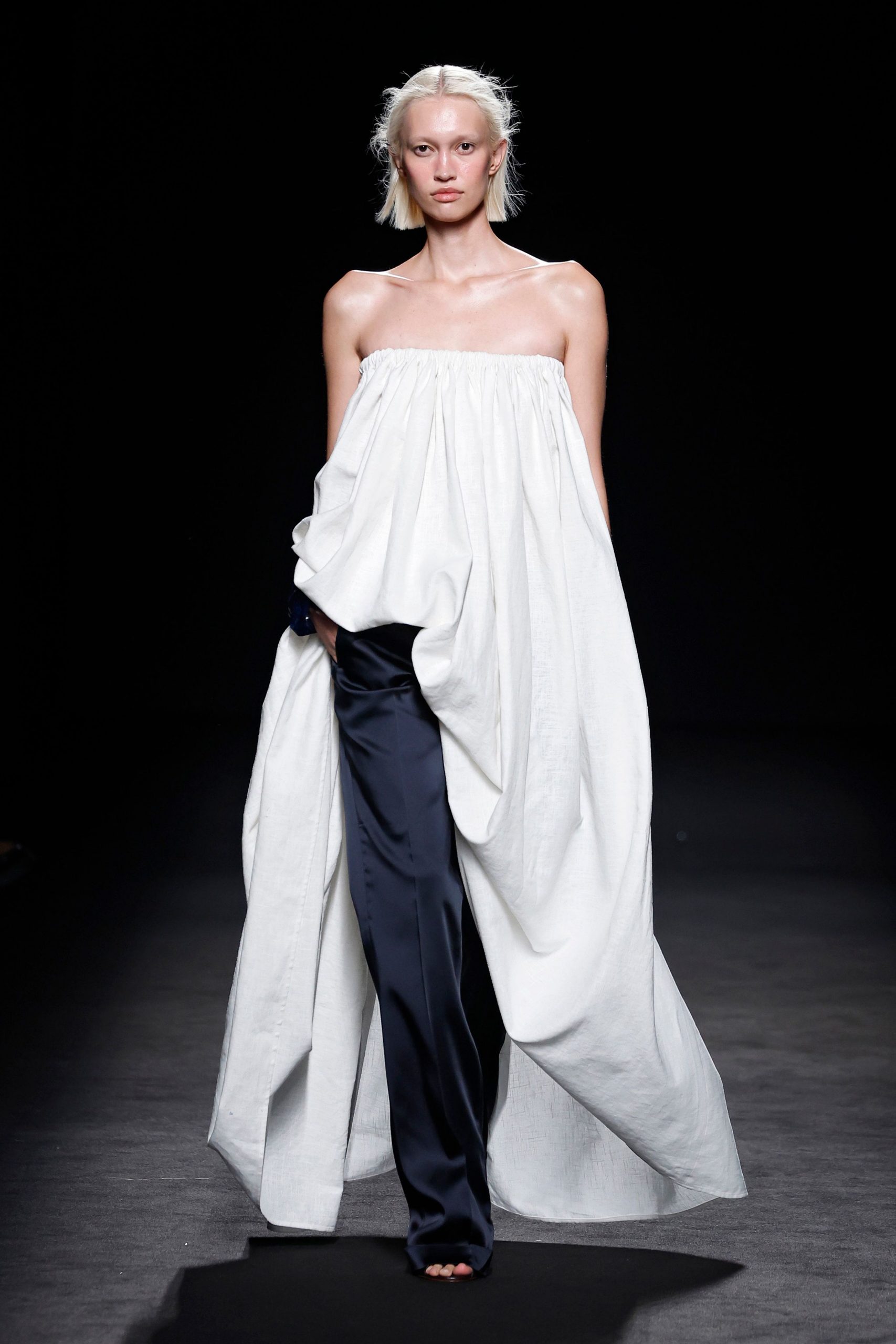 white cotton strapless relaxed draped maxi gown