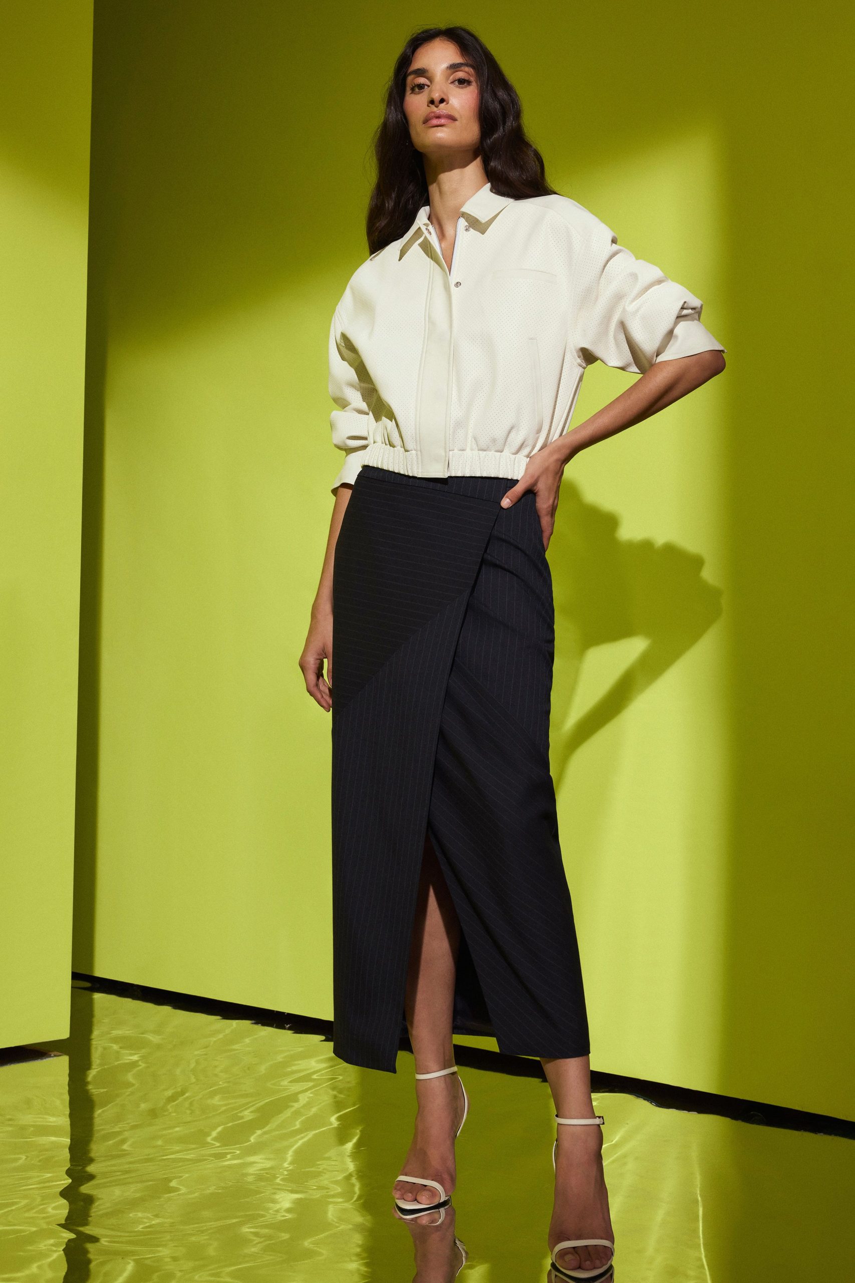 white fitted shirt black midi skirt