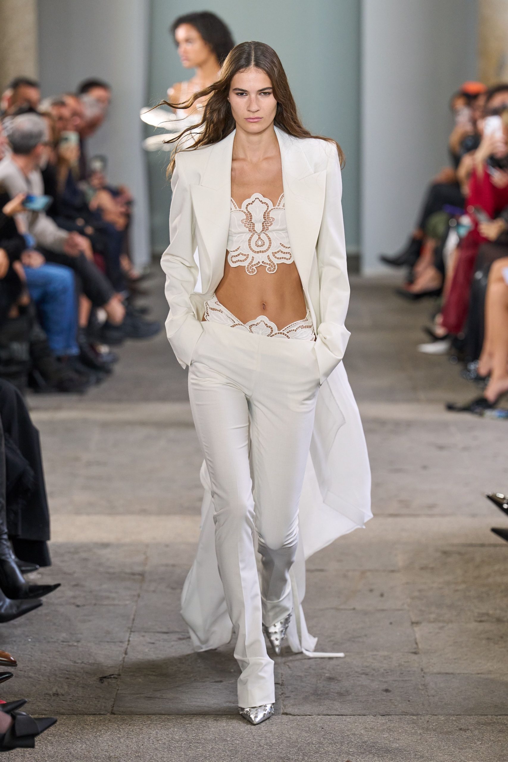 white silk fitted high-waisted straight-leg pants