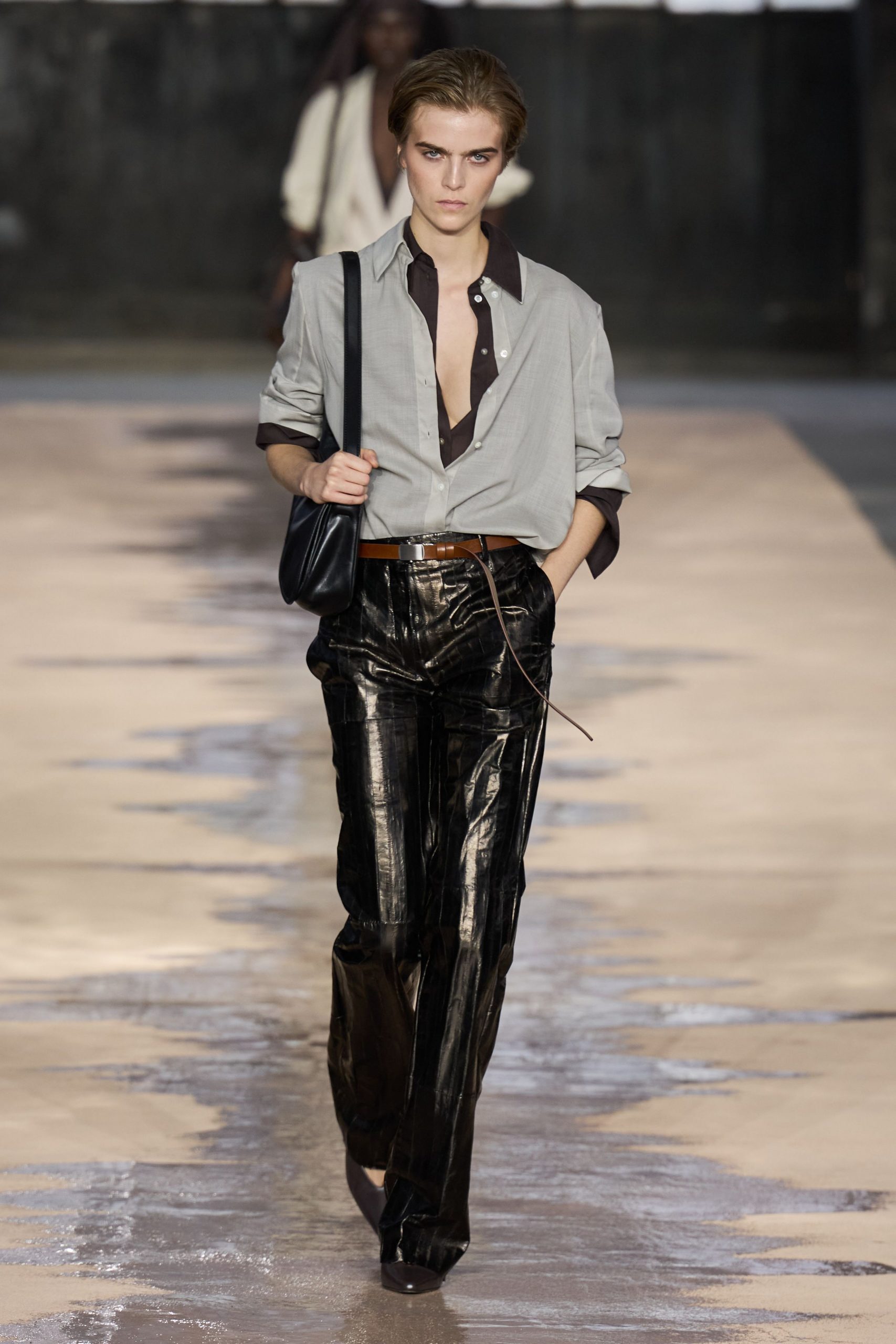 gray shirt black leather pants