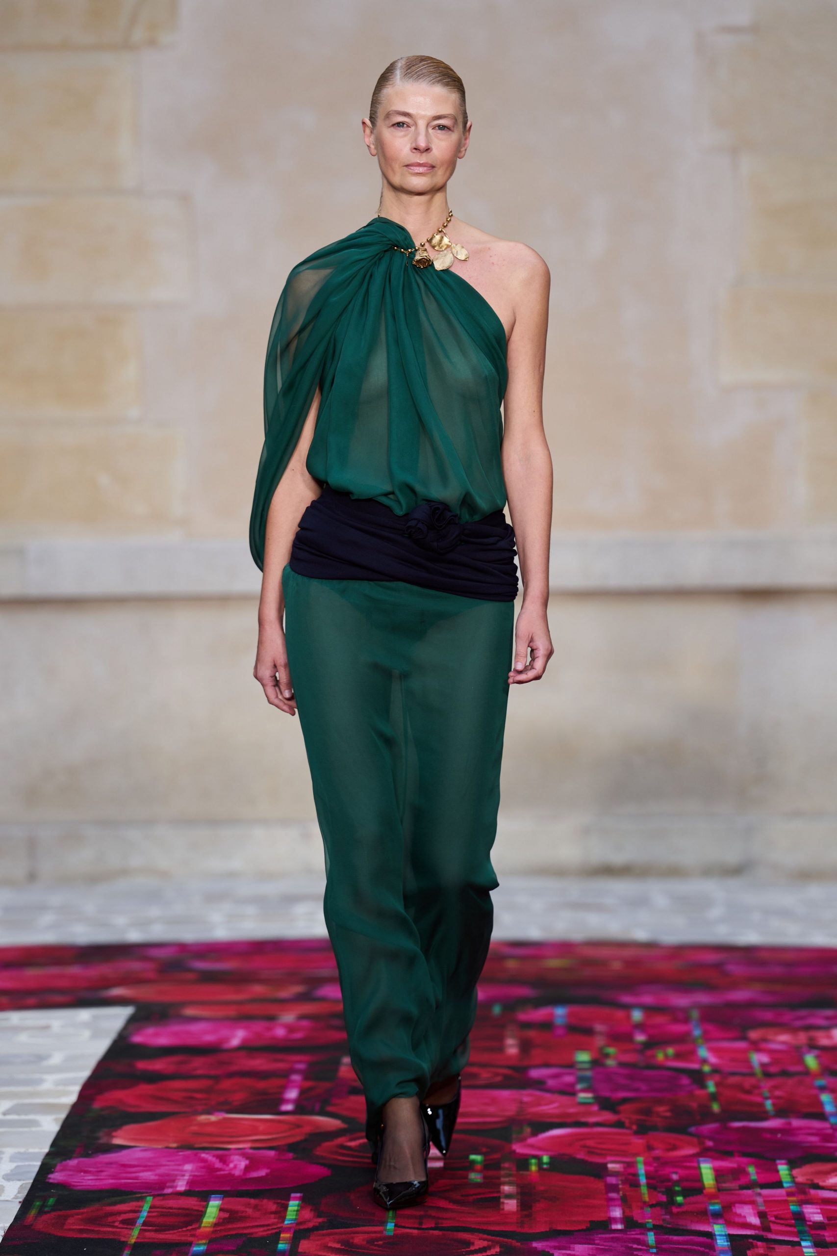 green chiffon sleeveless asymmetric fitted draped flowing dress
