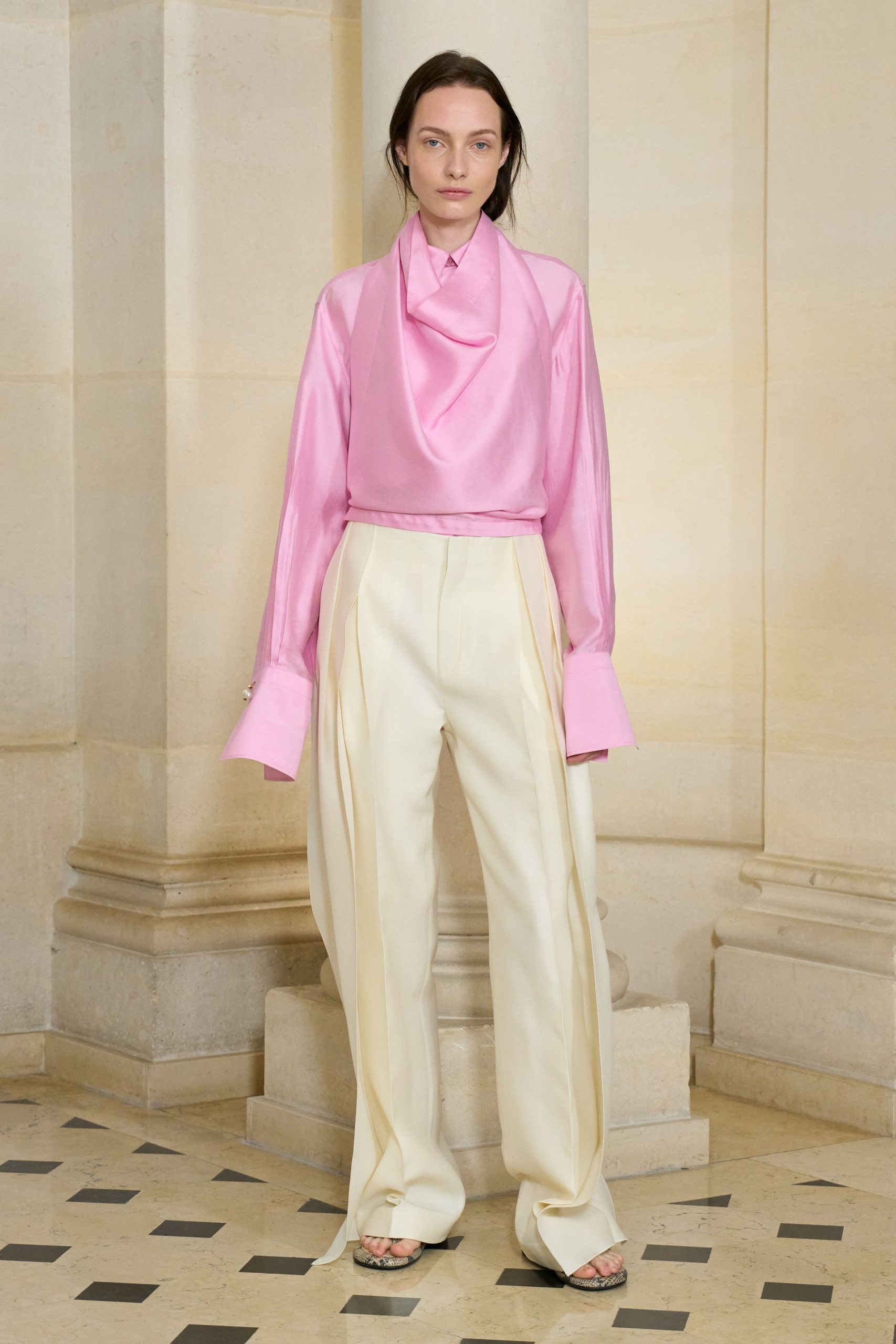 pink silk long-sleeve collared fitted pleated shiny top