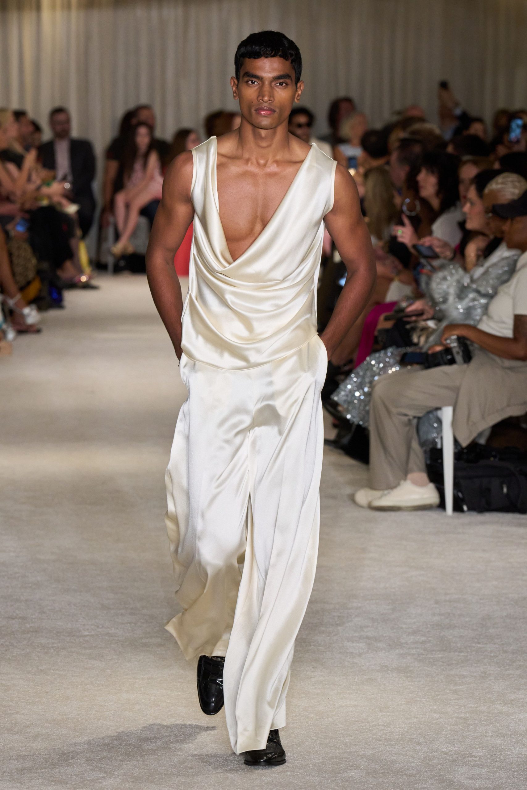 white silk sleeveless jumpsuit