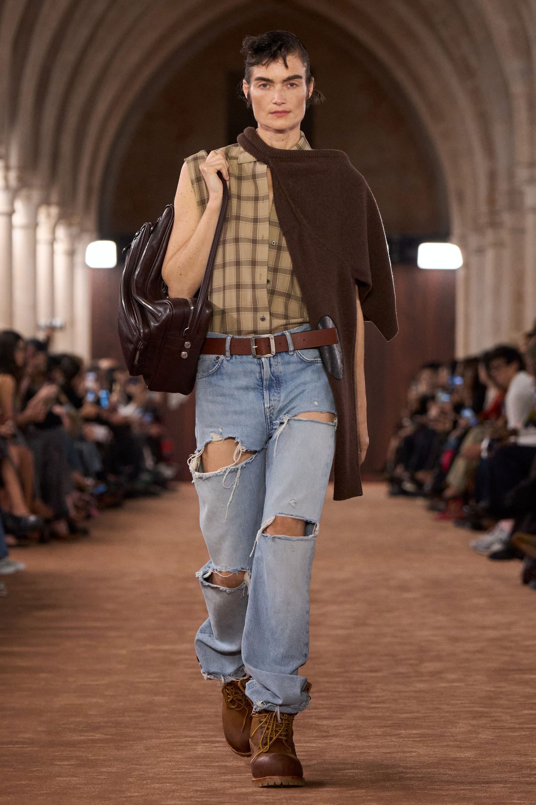 brown checked shirt with distressed jeans