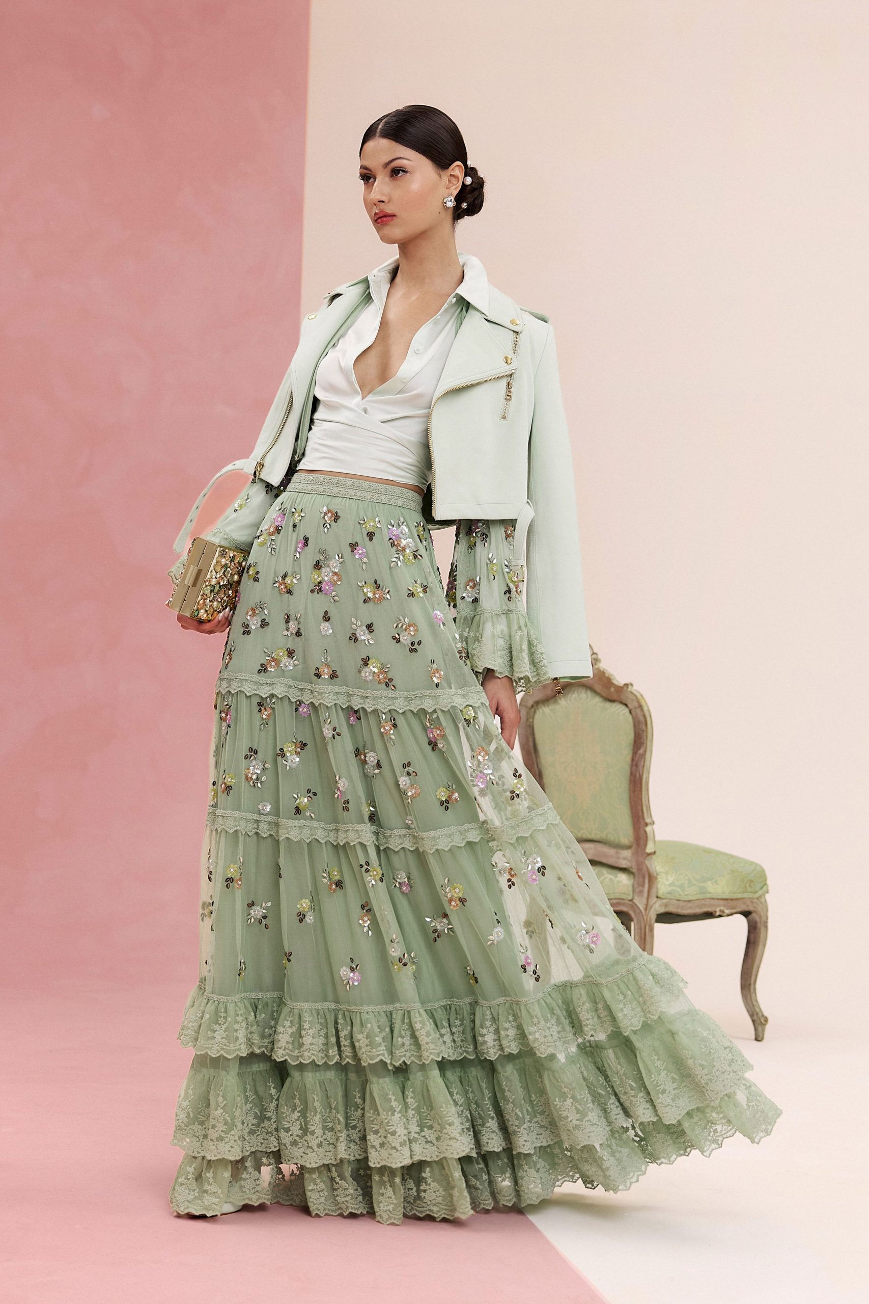 green cotton fitted tiered maxi skirt