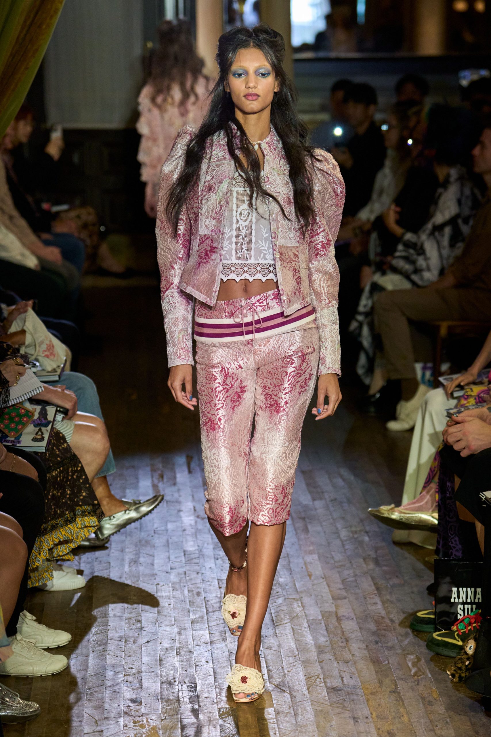 pink lace long-sleeve collared fitted embroidered ruffled jacket