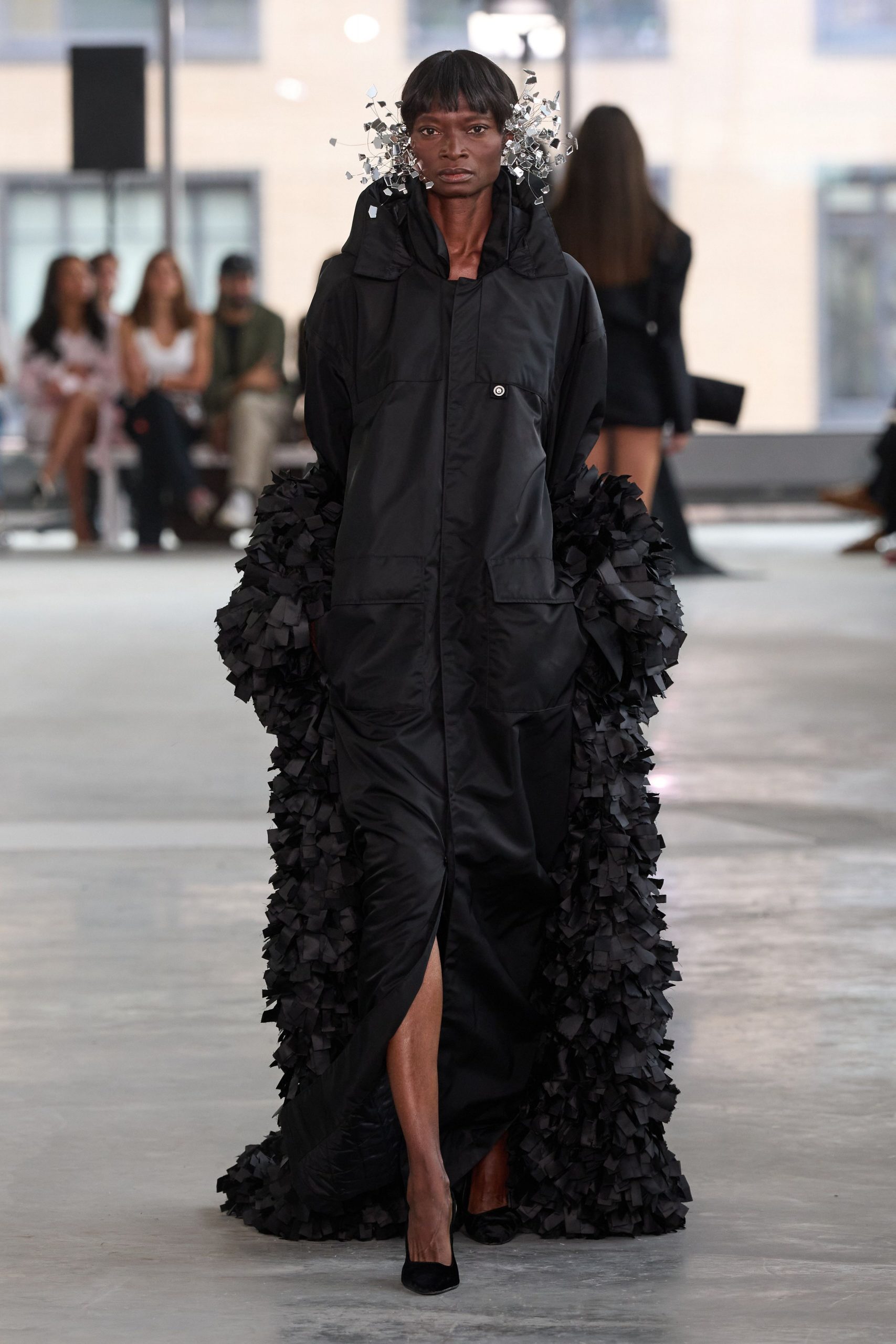 black silk long-sleeve hooded fitted layered maxi coat
