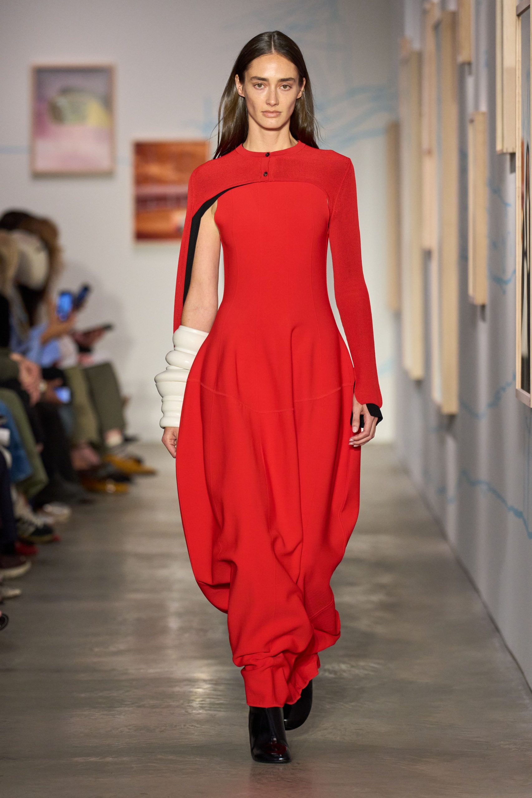 red cotton long-sleeve high-neck fitted draped maxi gown