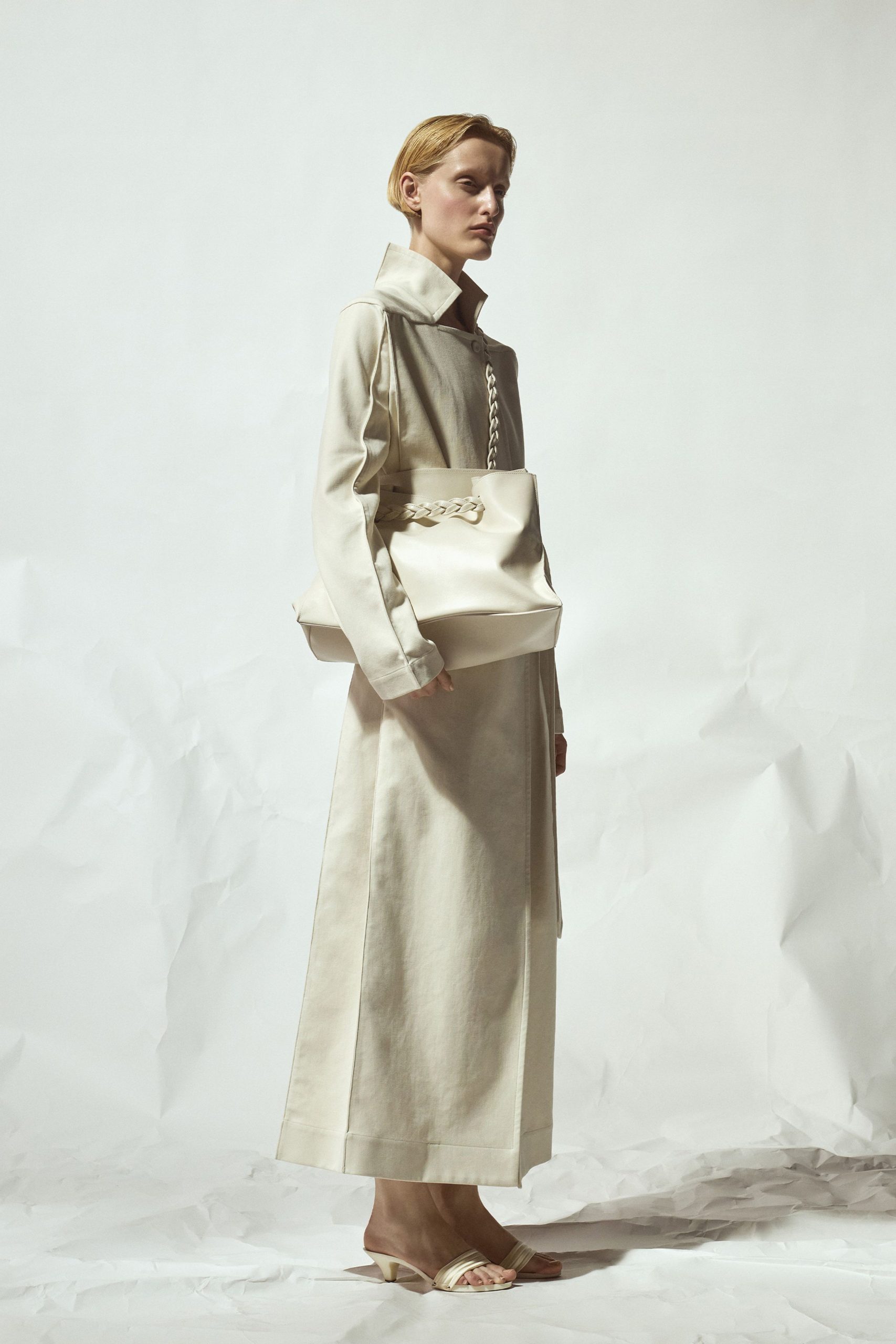 white silk long-sleeve dress