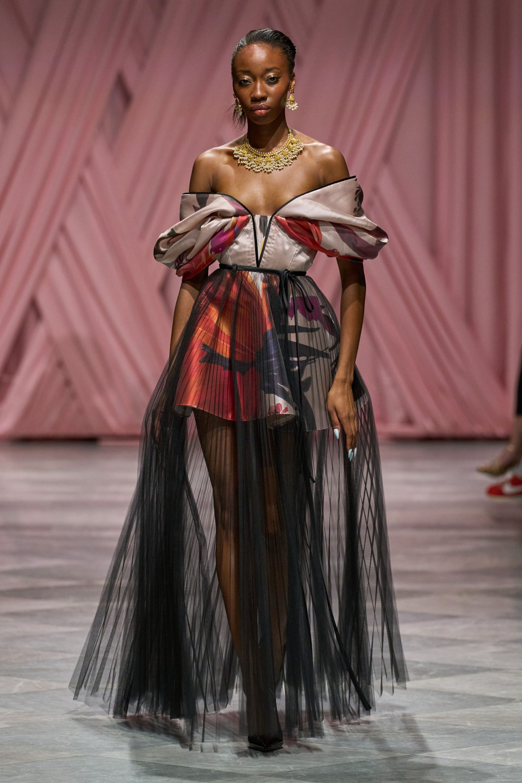 pink silk off-shoulder fitted zippered pleated flowing dress