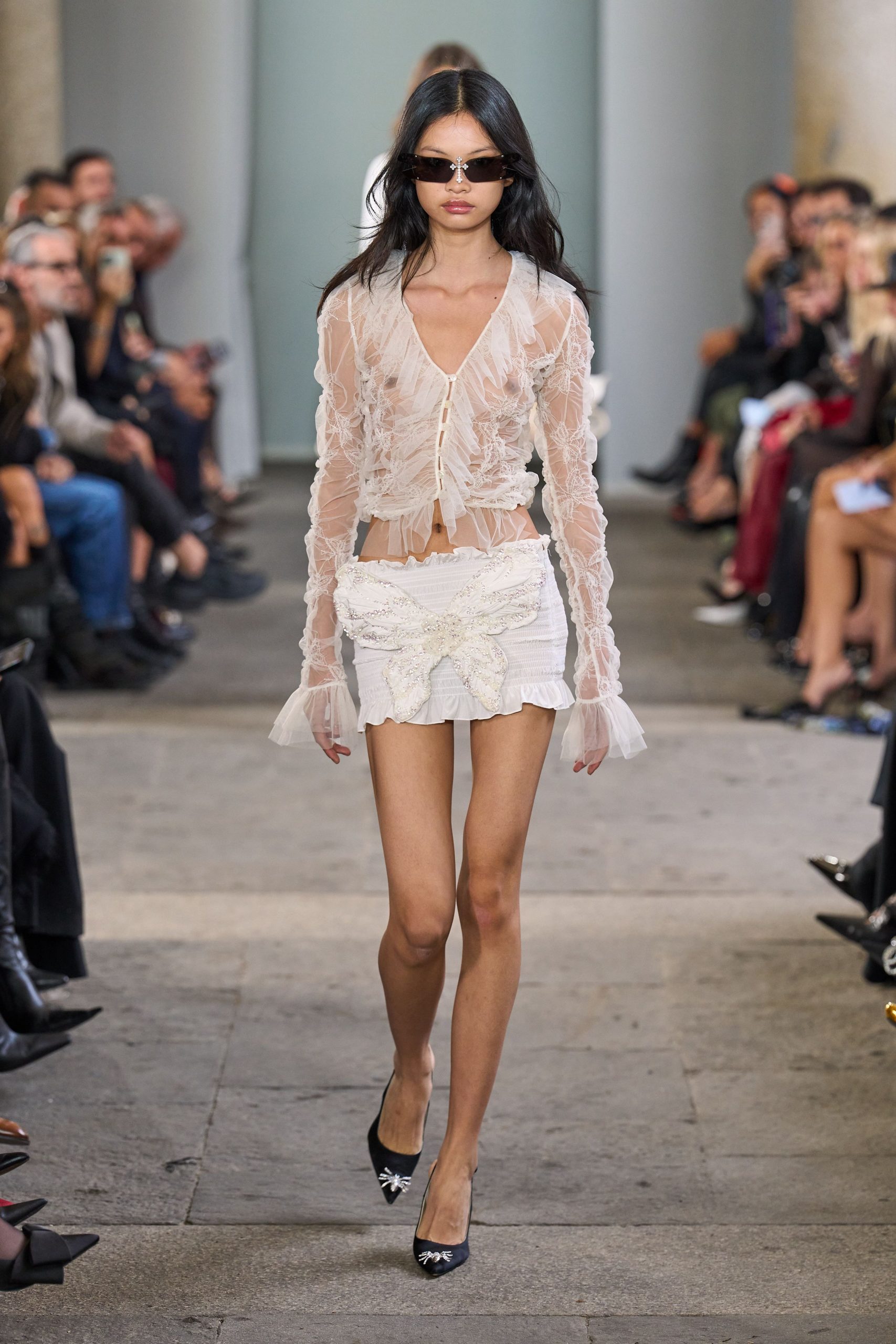 white fitted ruffled short skirt