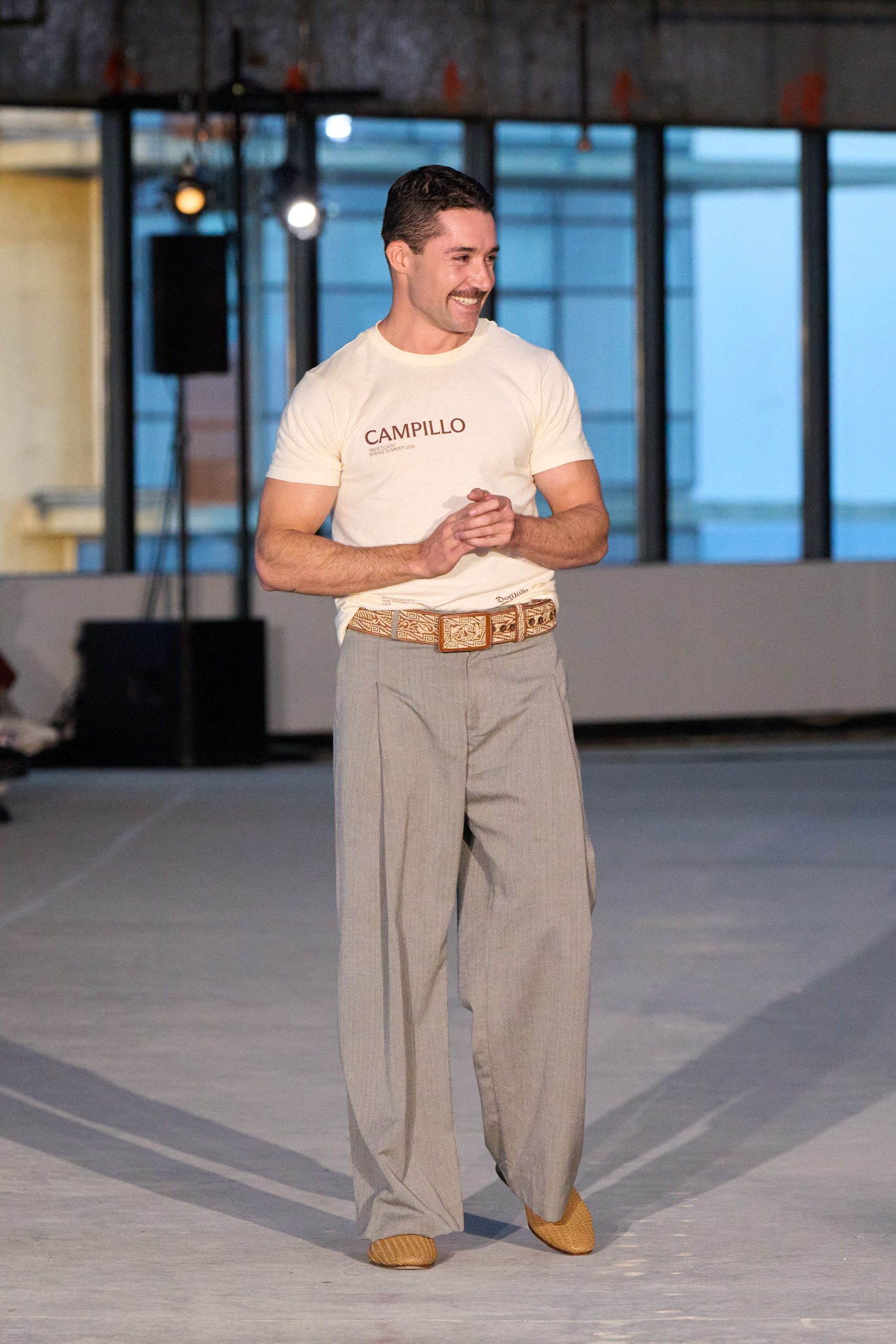 white fitted t-shirt gray pants