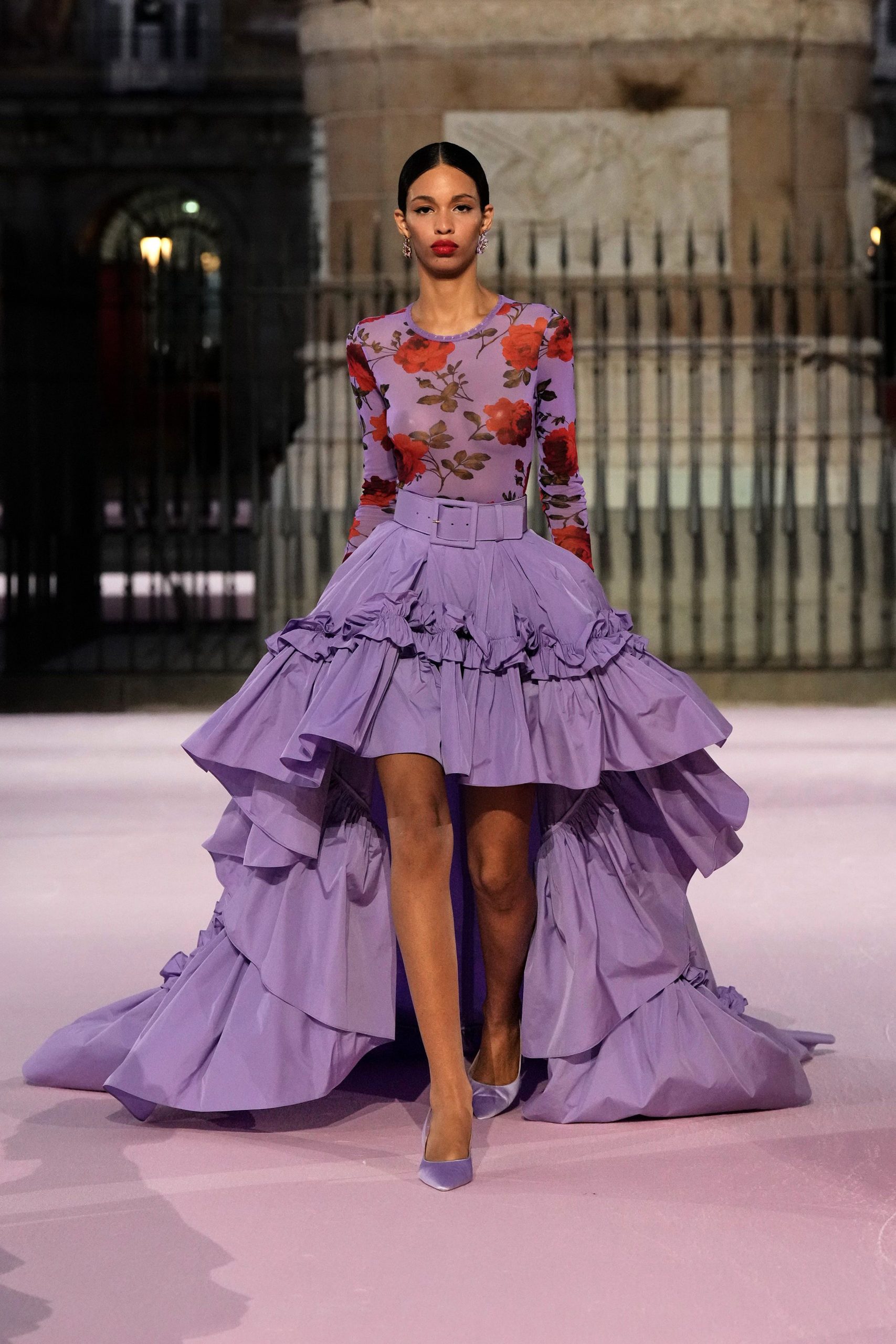 purple floral midi dress with ruffles