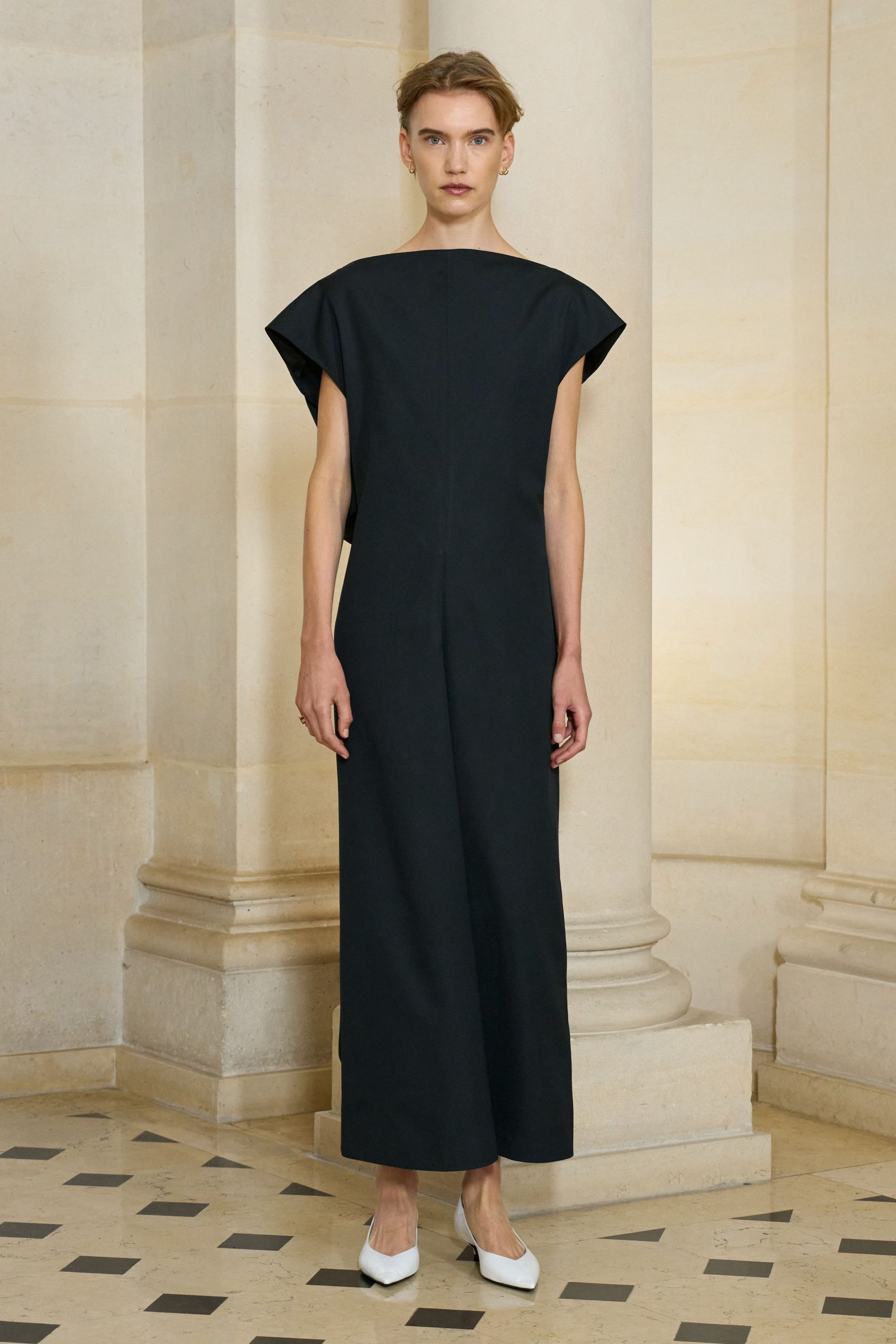 black cotton short-sleeve high-neck fitted straight-leg maxi gown