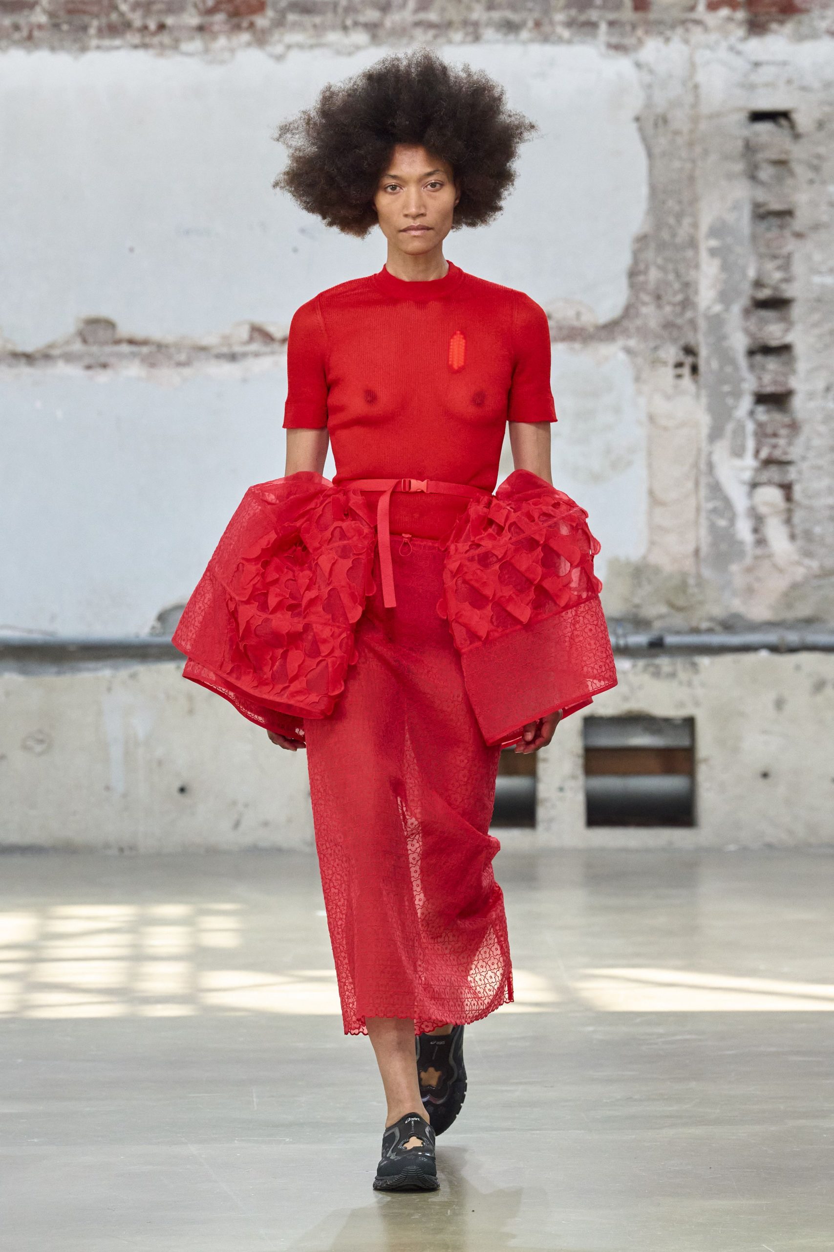 red lace long-sleeve fitted ruffled sheer midi skirt