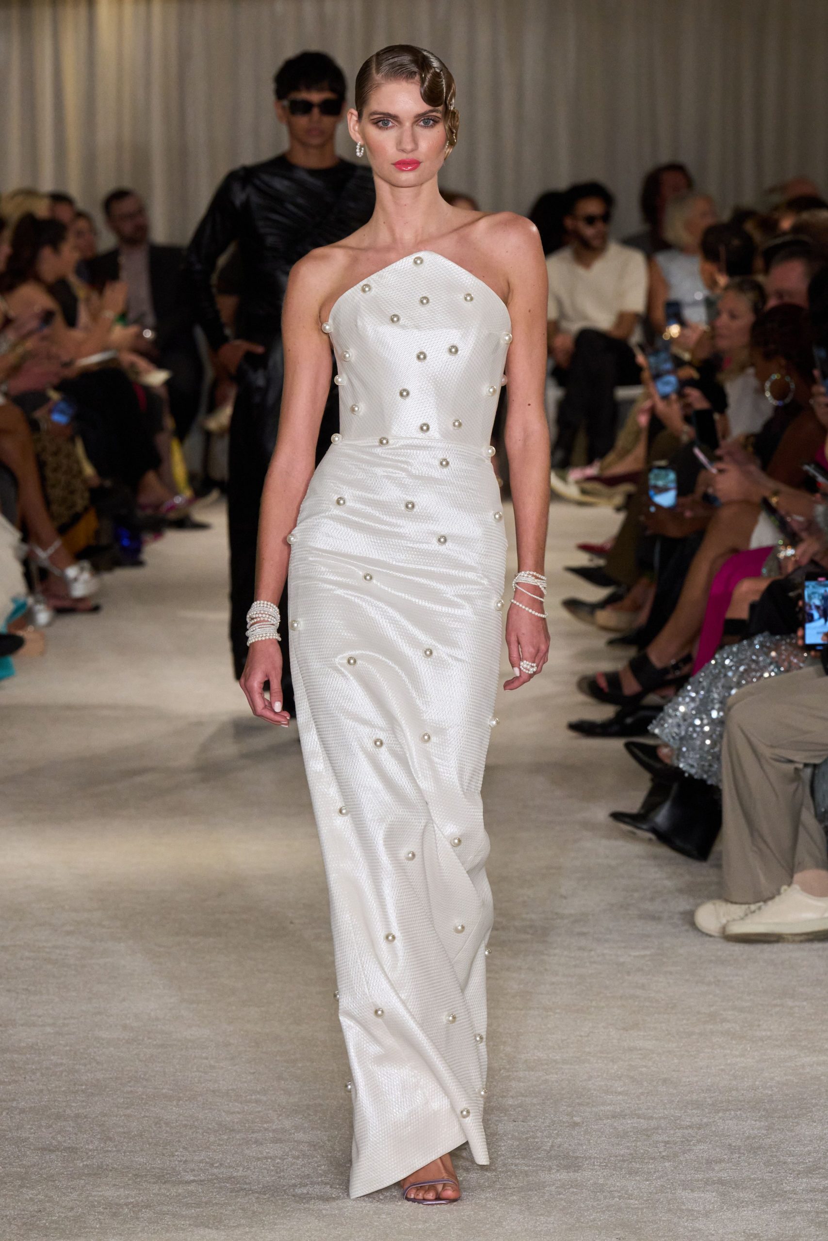 white strapless embroidered gown