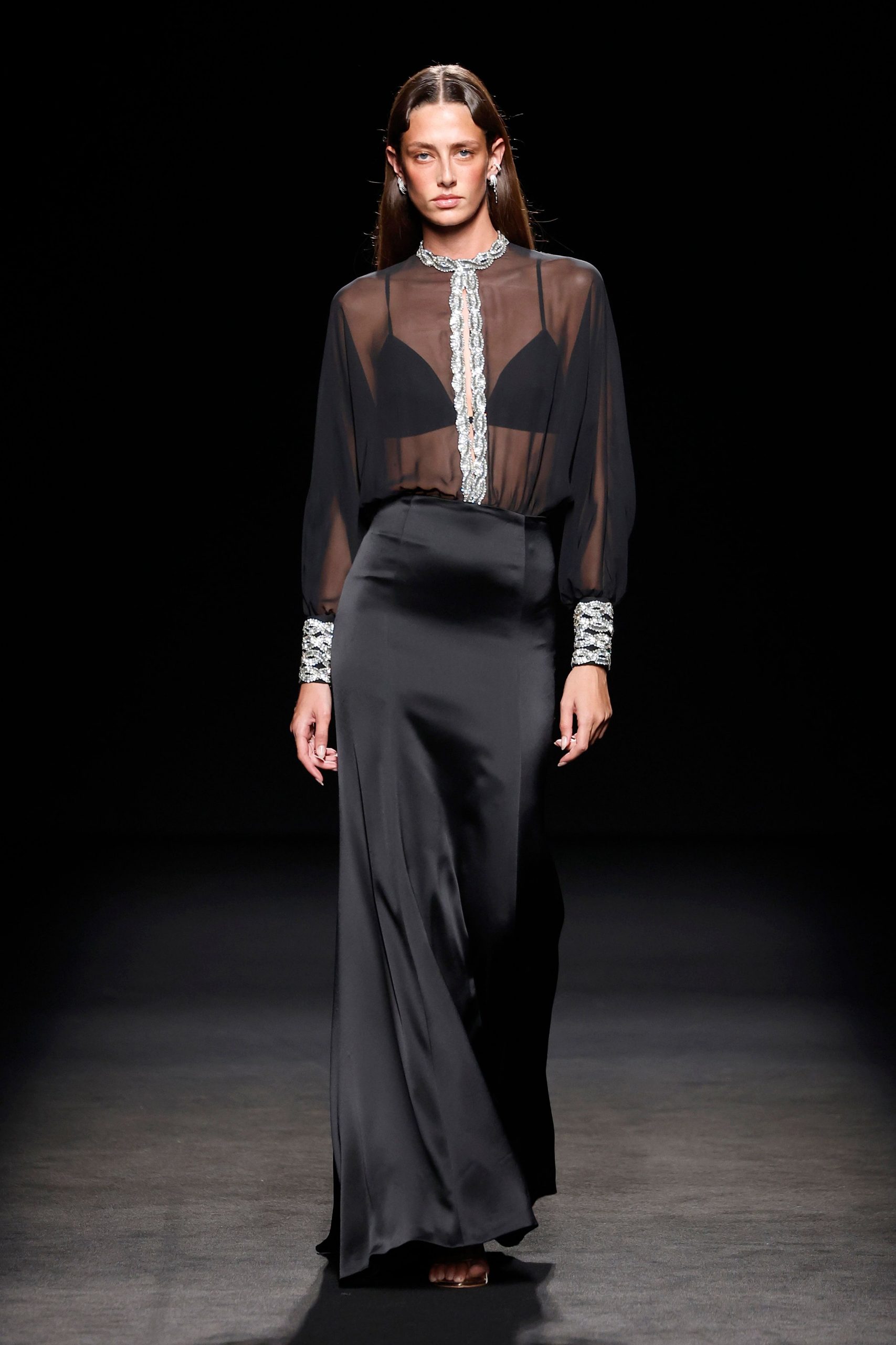 black chiffon long-sleeve collared fitted embroidered sheer blouse