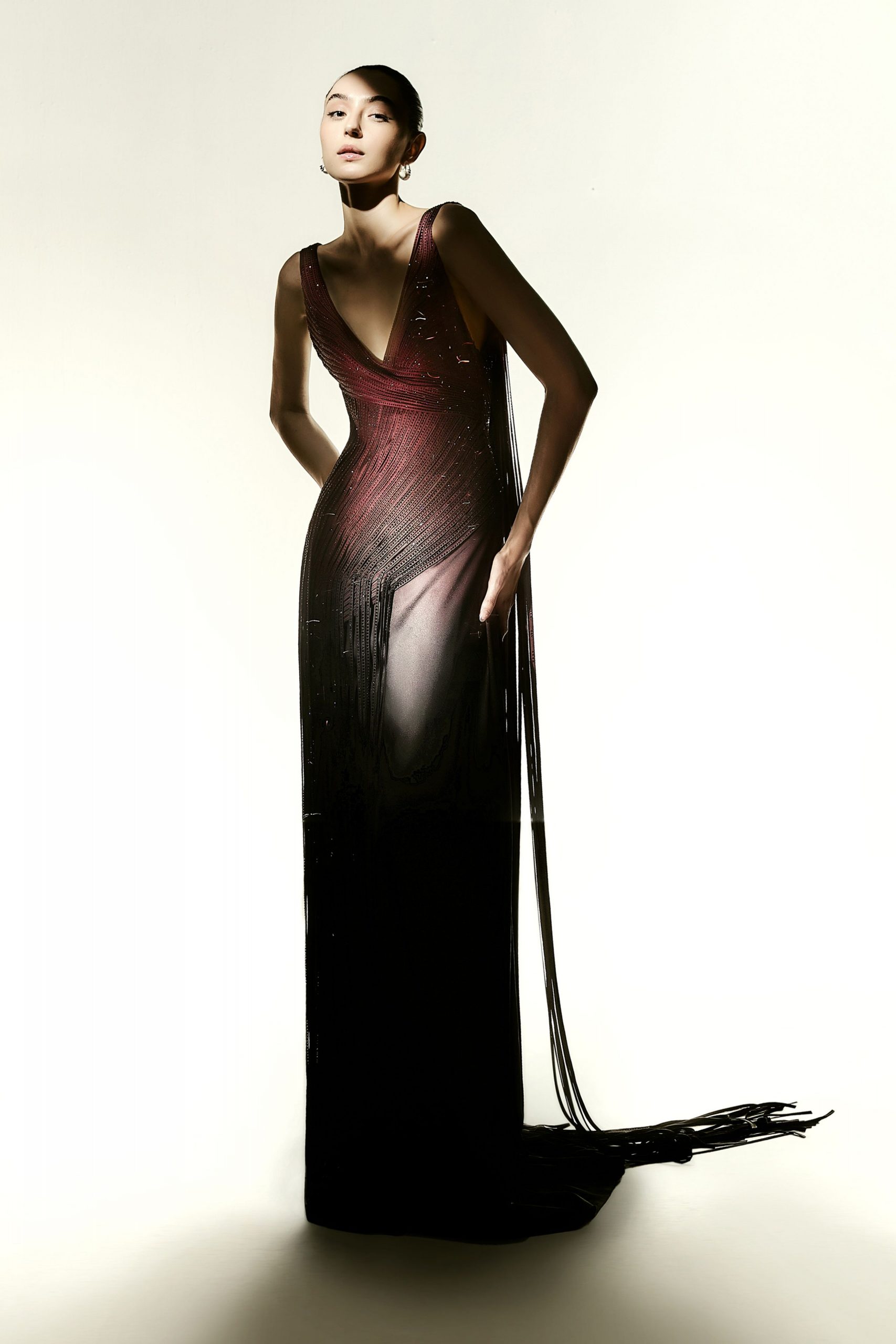 black and red fringed gown
