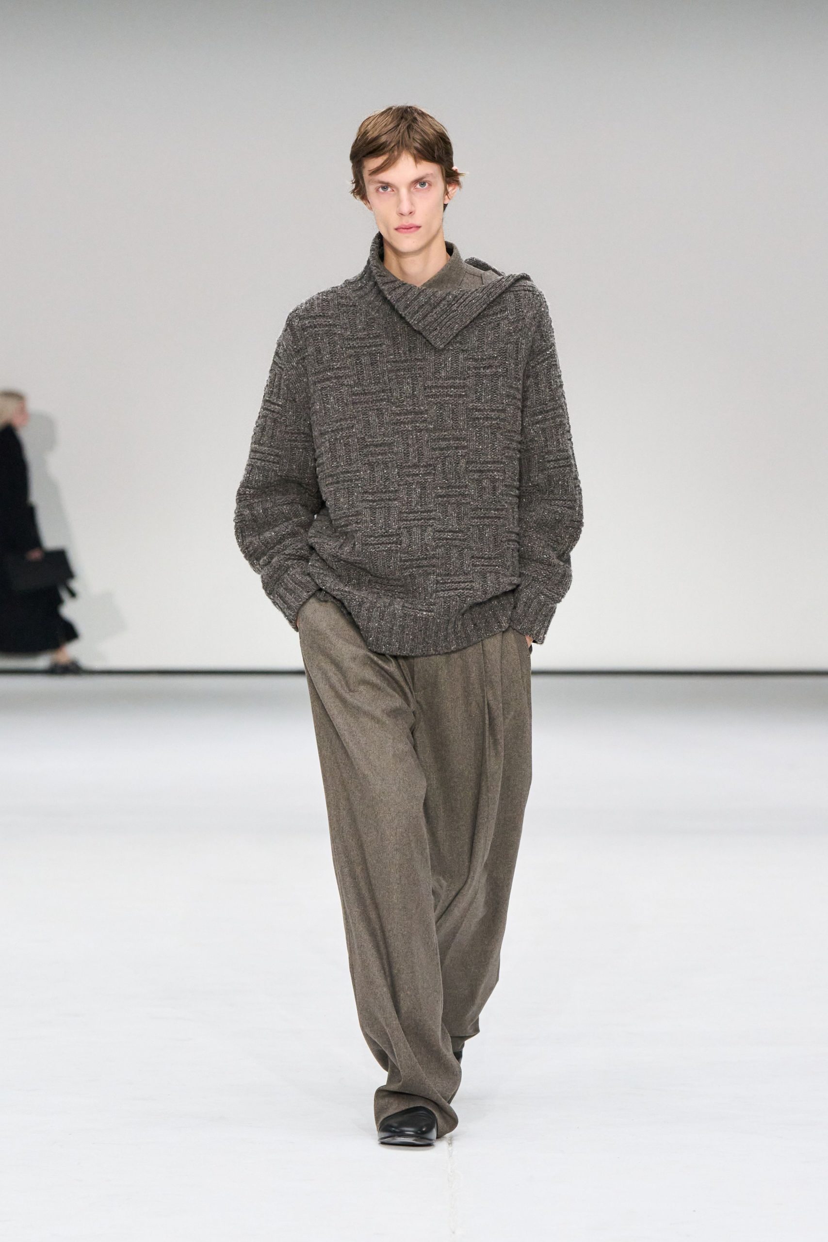 gray wool long-sleeve collared relaxed textured sweater