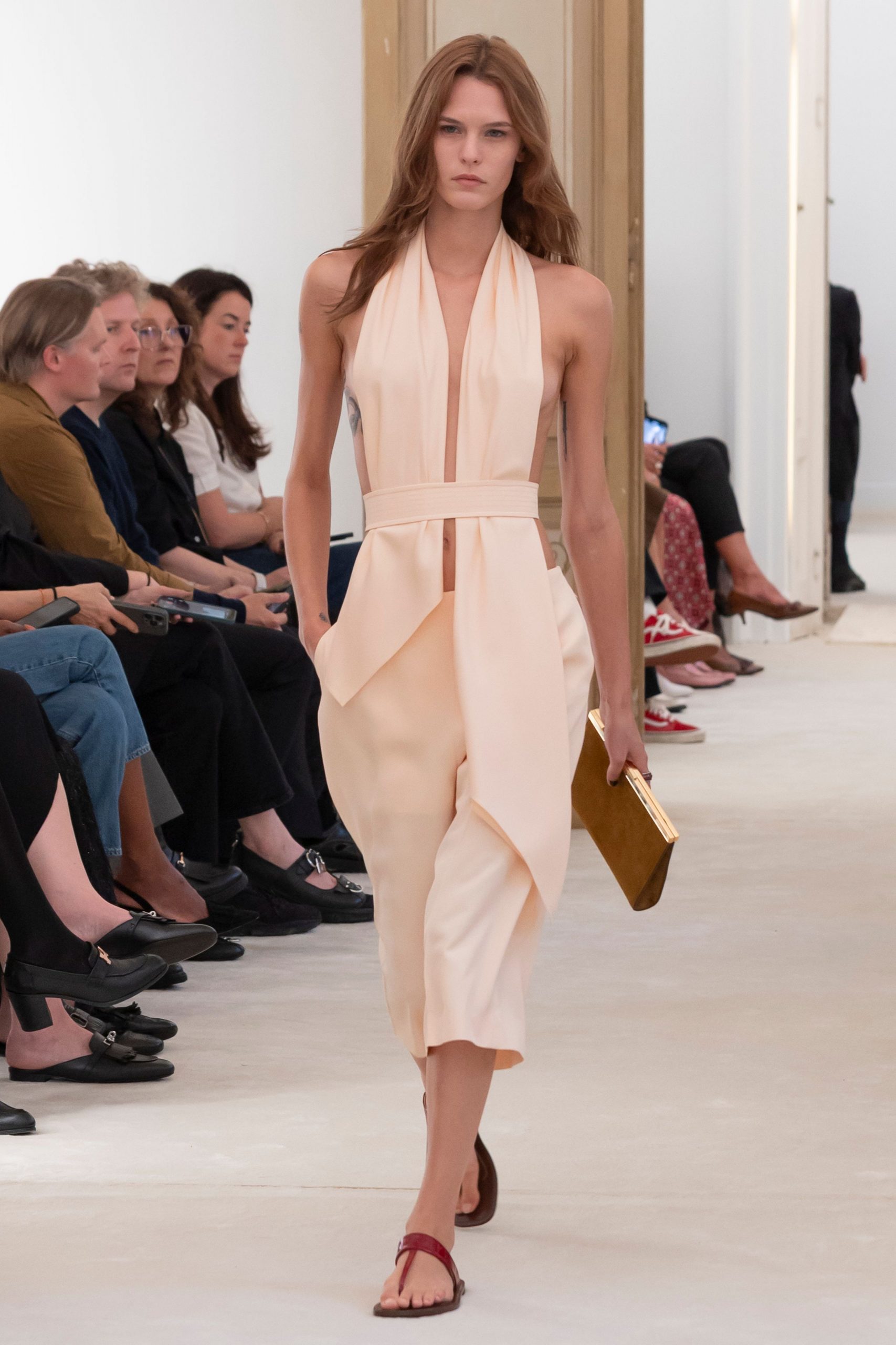 peach silk sleeveless midi dress