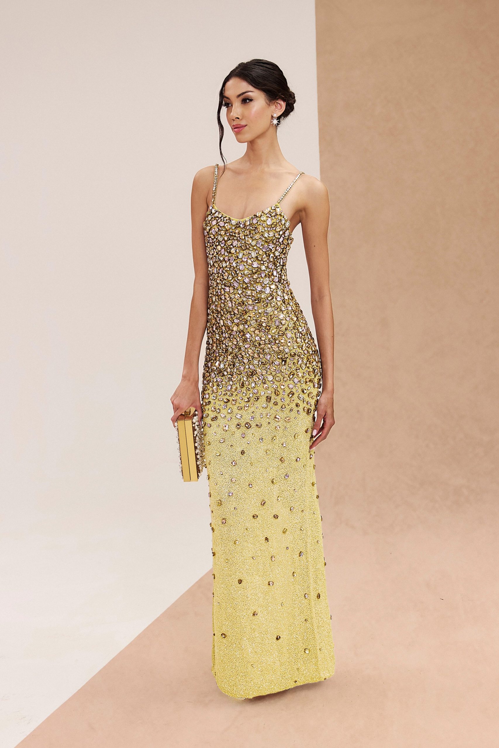 yellow sequined maxi gown