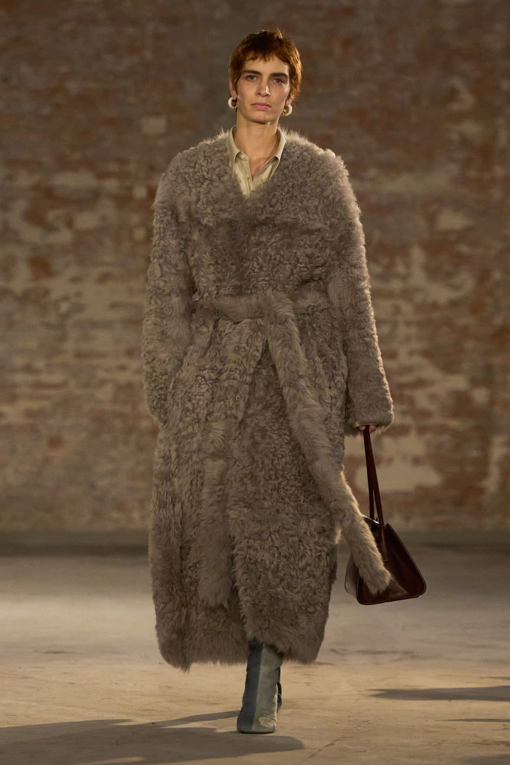 gray faux-fur long-sleeve collared relaxed belted maxi coat