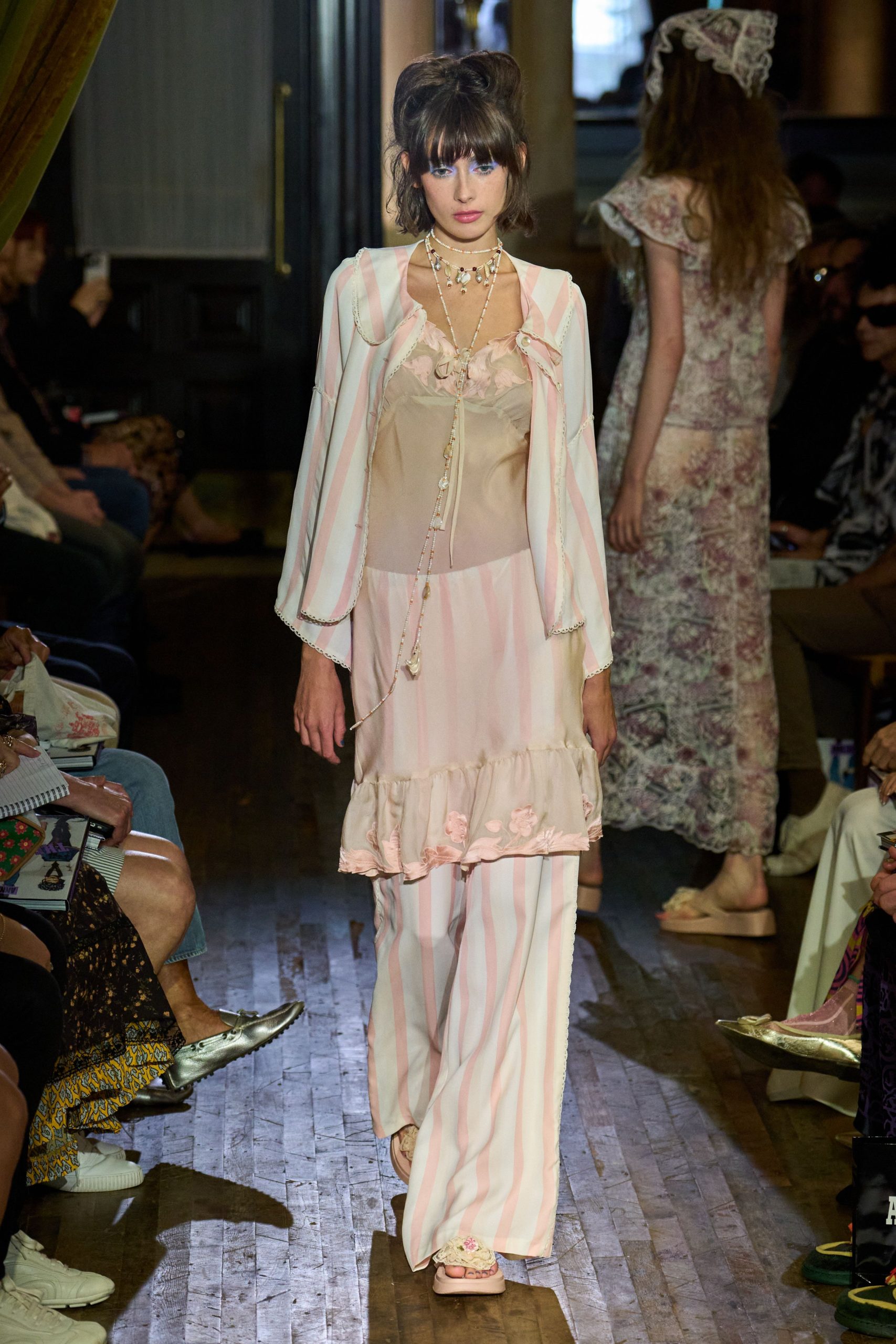 relaxed pink striped jacket with silk top