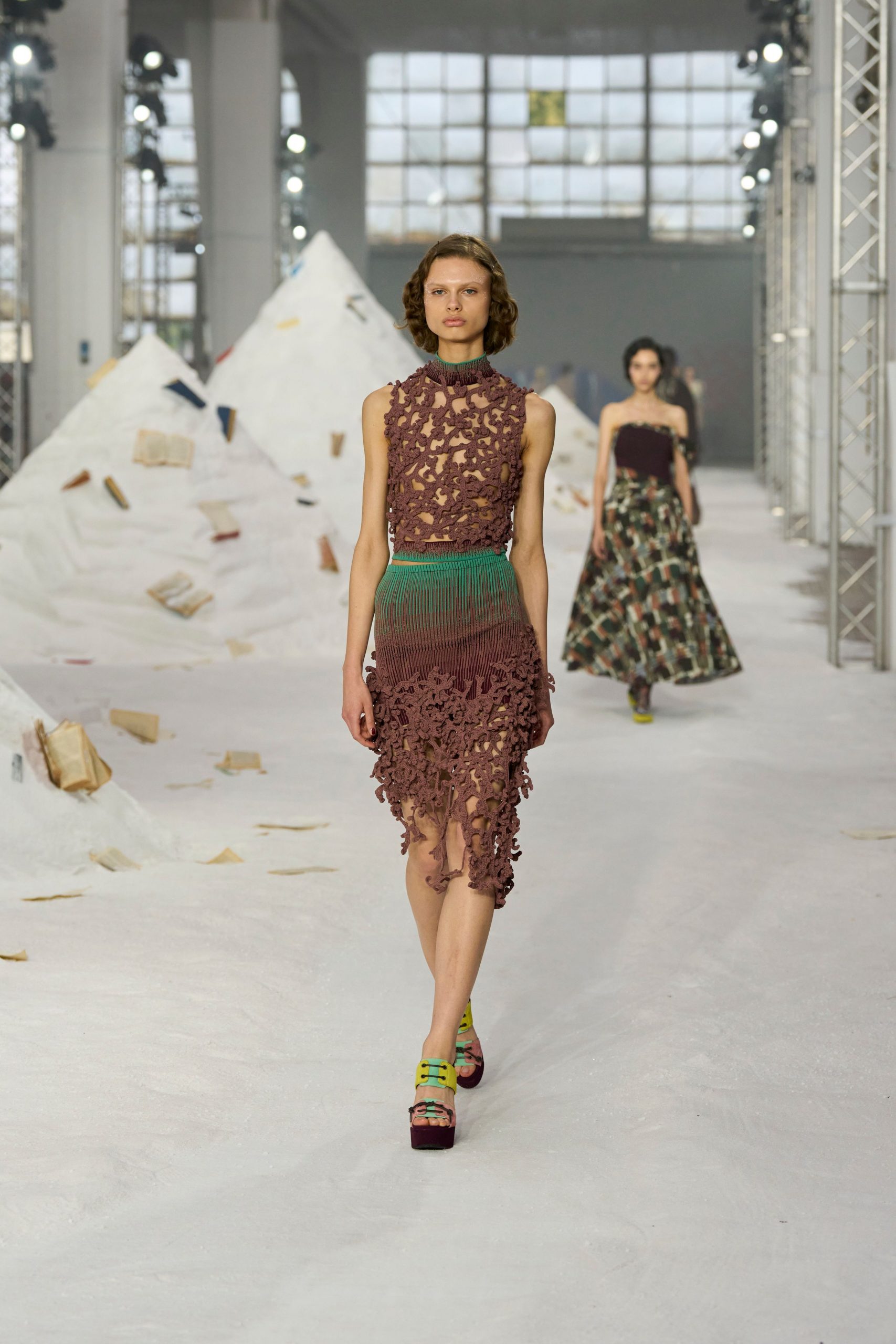 brown silk sleeveless high-neck fitted ruffled layered dress