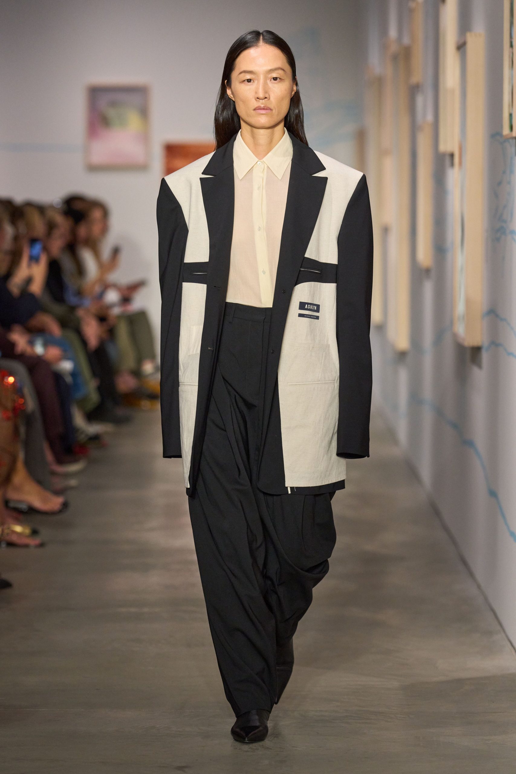 oversized black and white blazer with relaxed pants