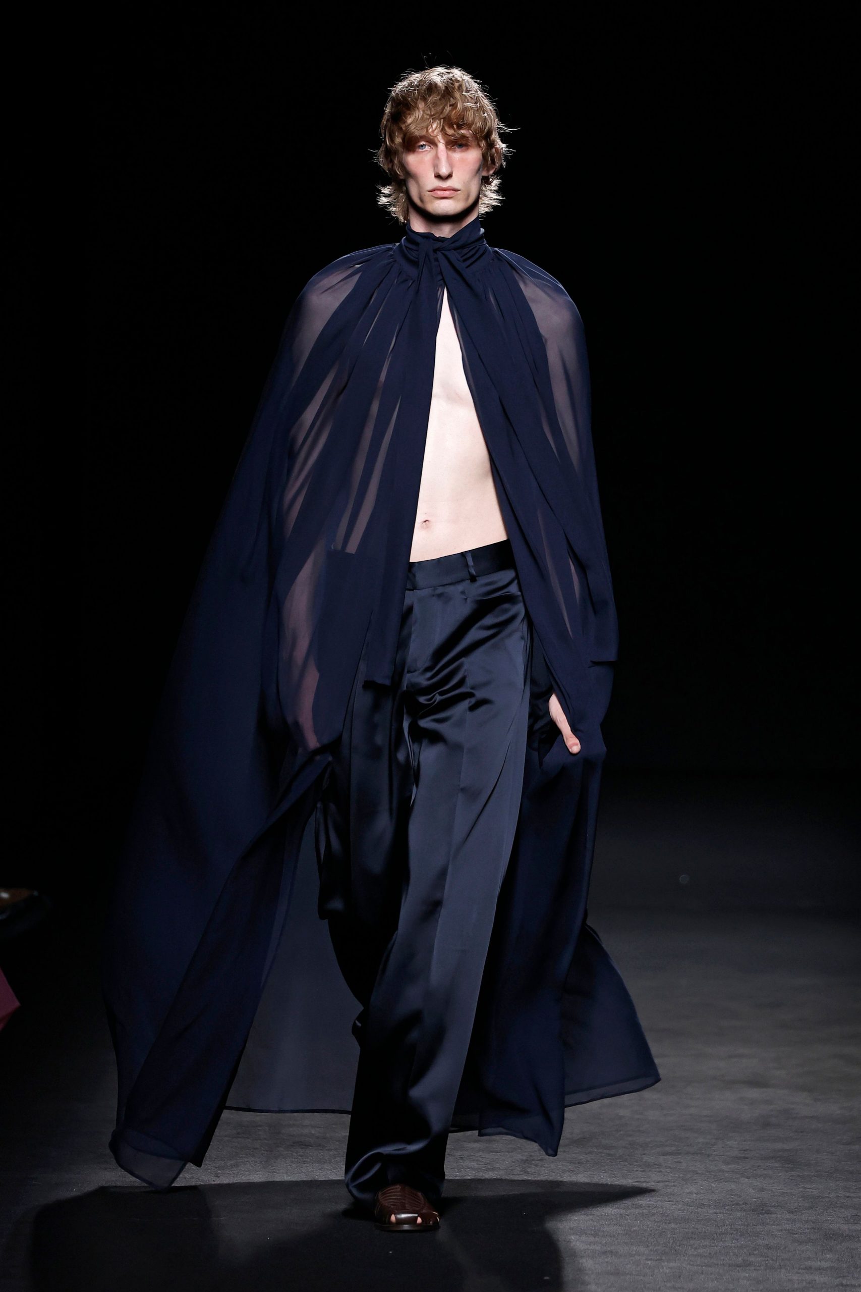 blue silk sleeveless high-neck relaxed flowing sheer cape