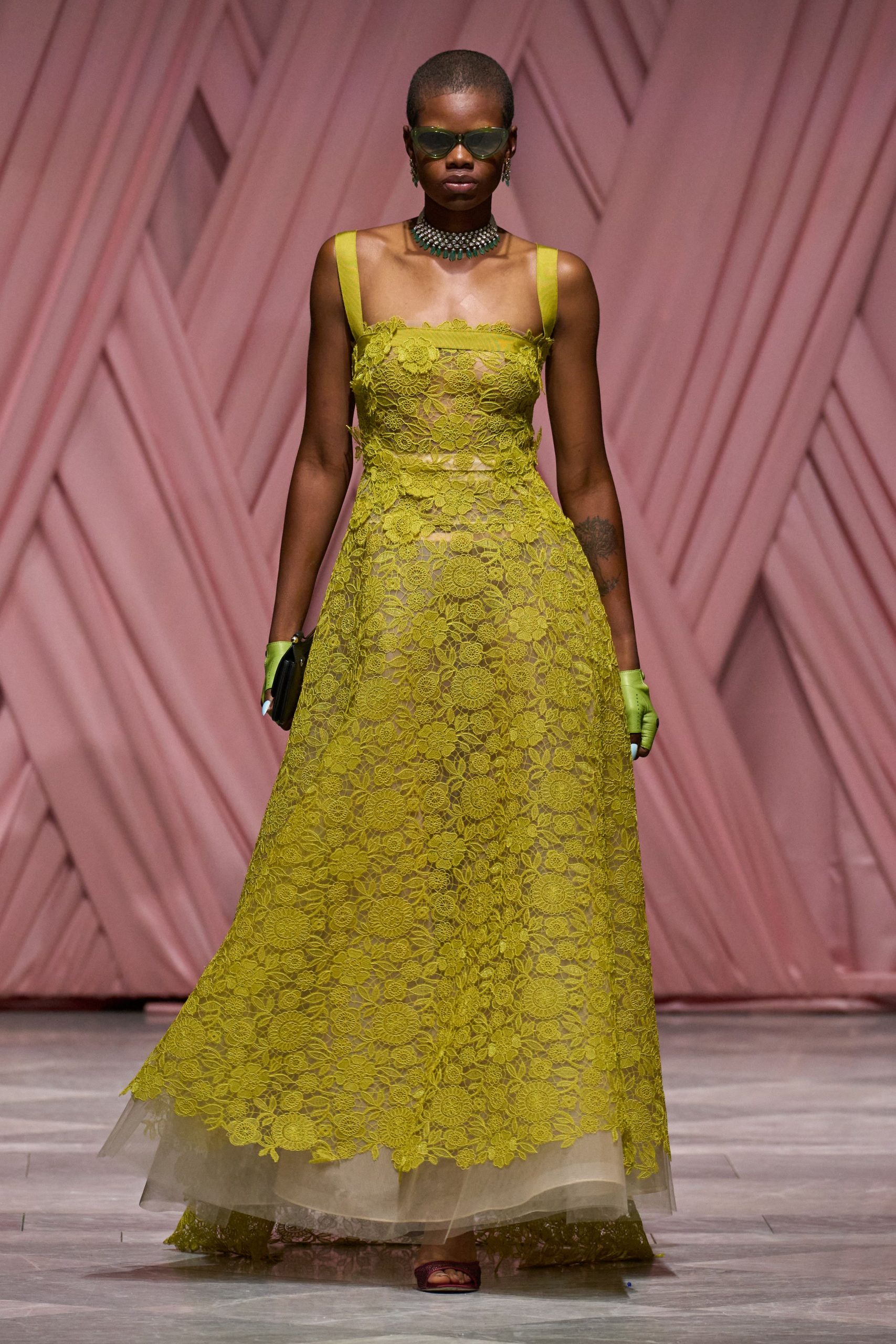 yellow lace sleeveless gown