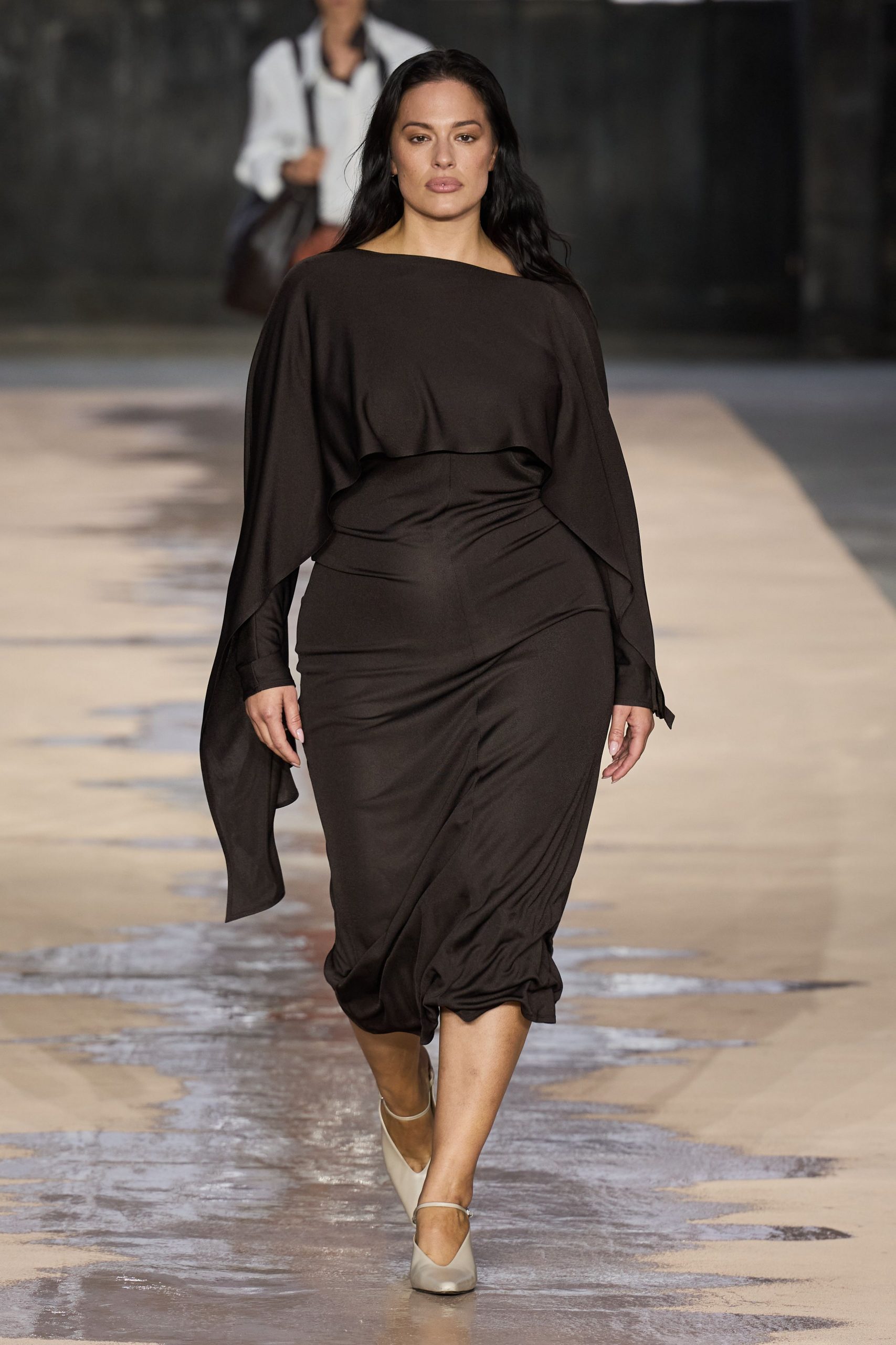 brown cotton long-sleeve off-shoulder fitted draped midi dress