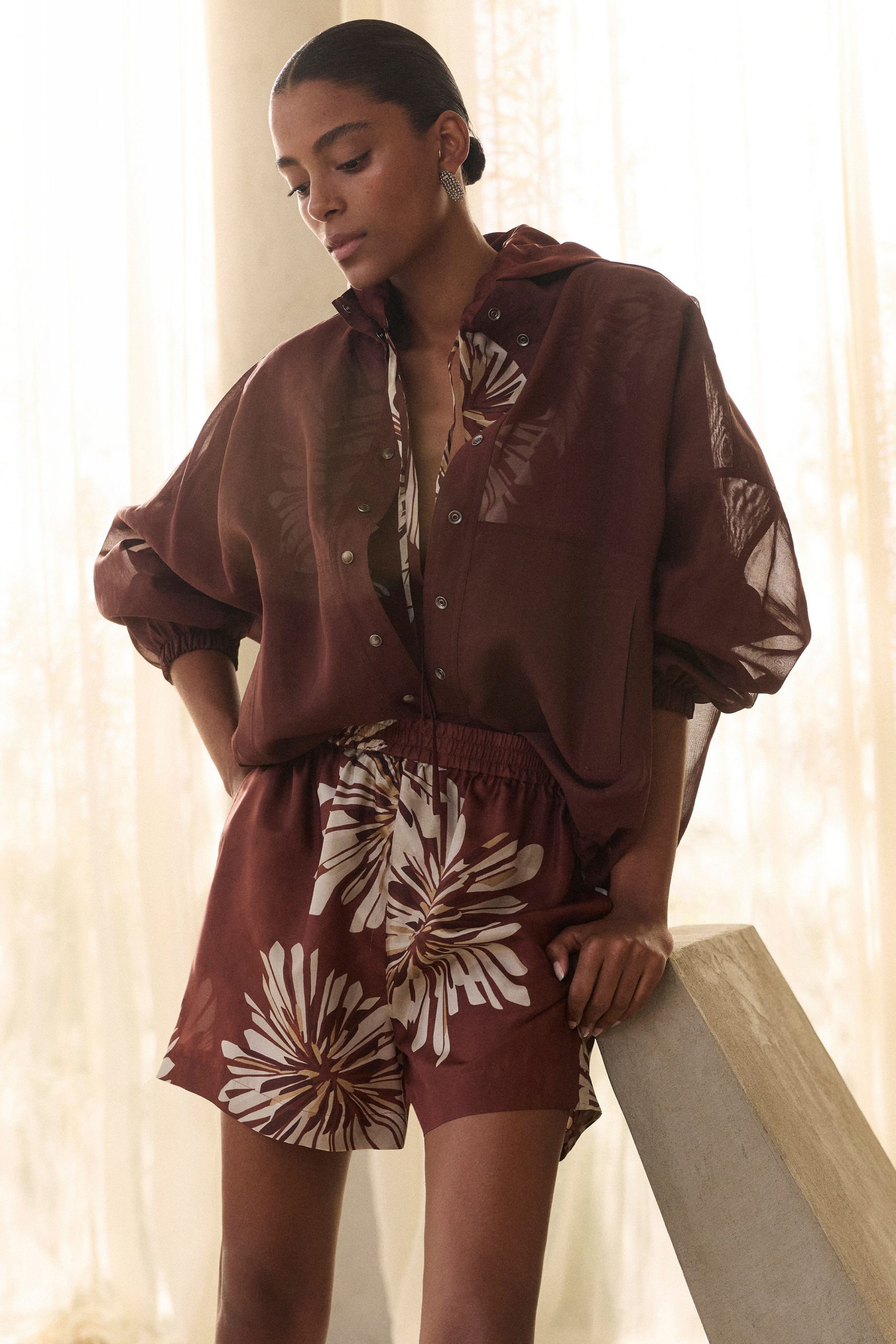 brown silk long-sleeve collared relaxed floral buttoned shirt